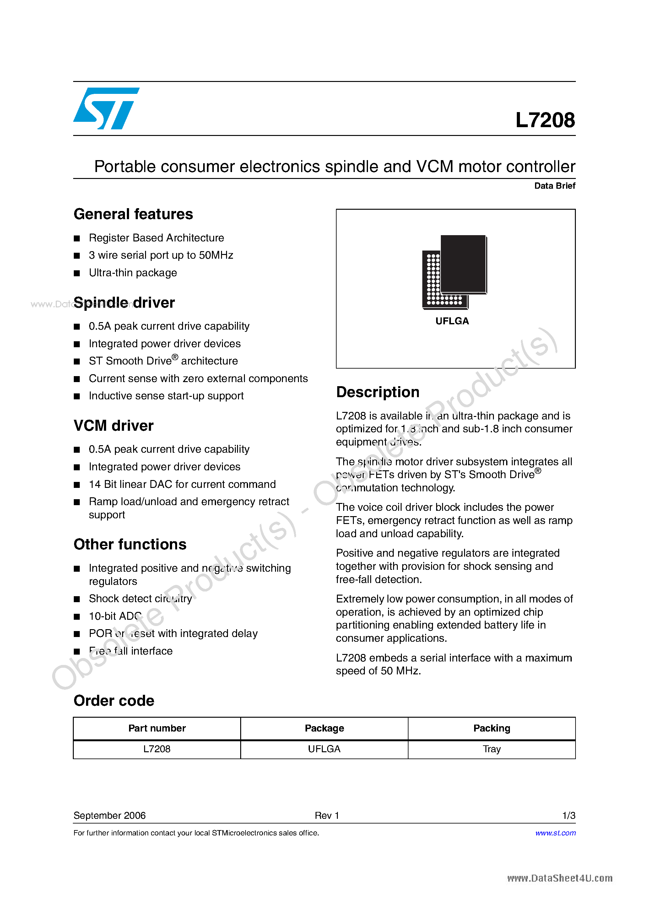 Даташит L7208 - Portable consumer electronics spindle and VCM motor controller страница 1