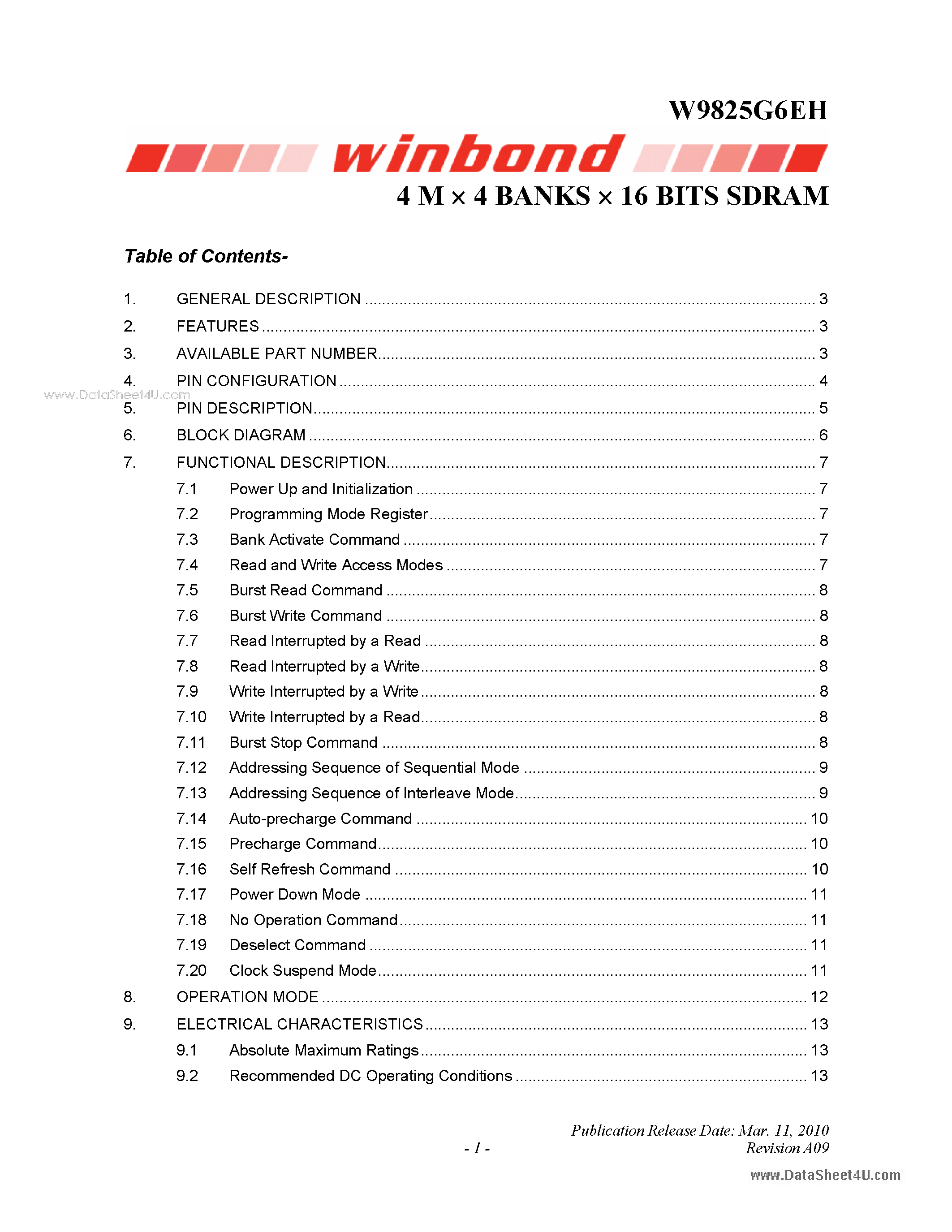 Datasheet W9825G6EH - 4M X 4-Bank X 16-Bit SDRAM page 1