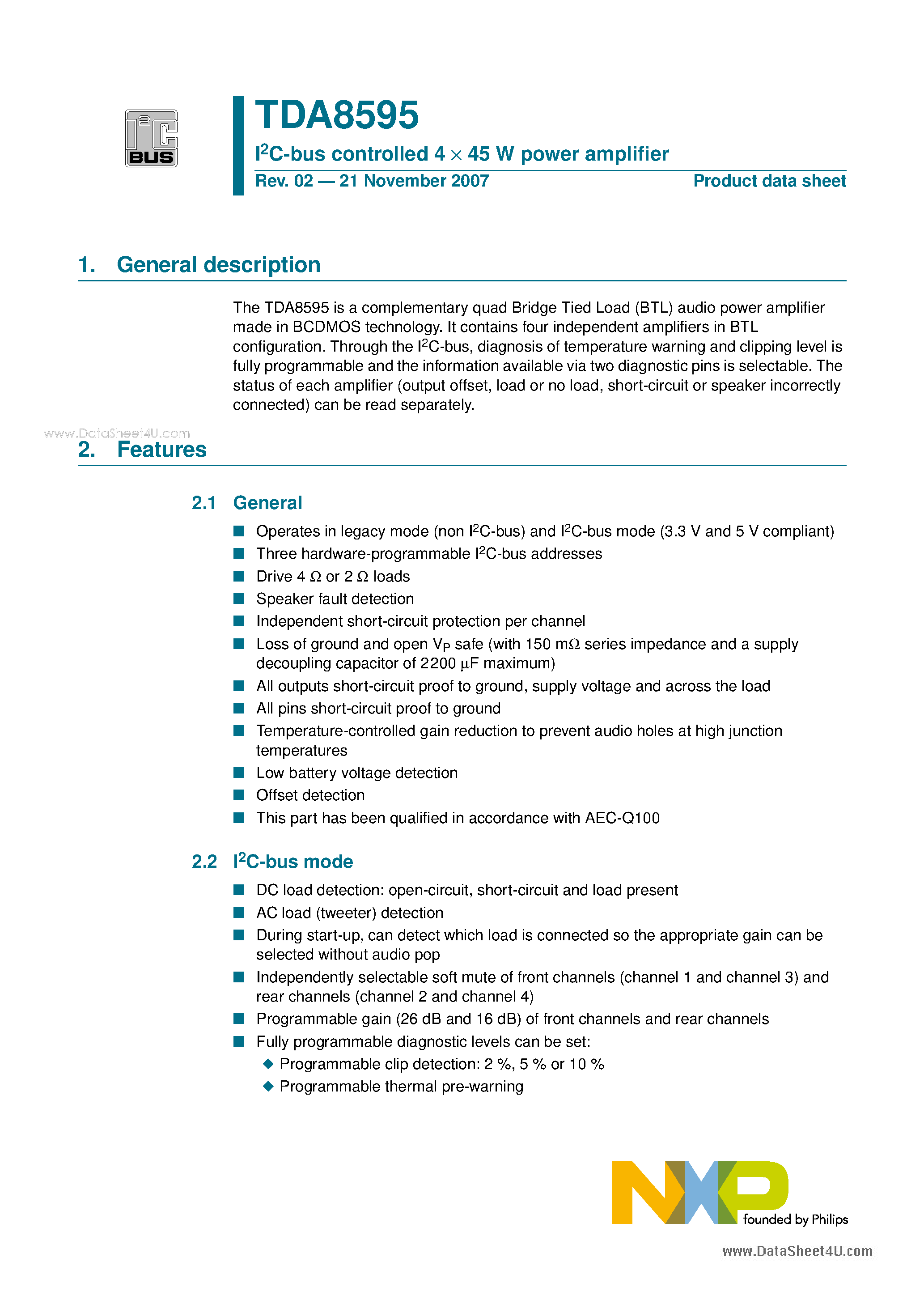 Даташит TDA8595 - I2C-bus controlled 4 x 45 W power amplifer страница 1