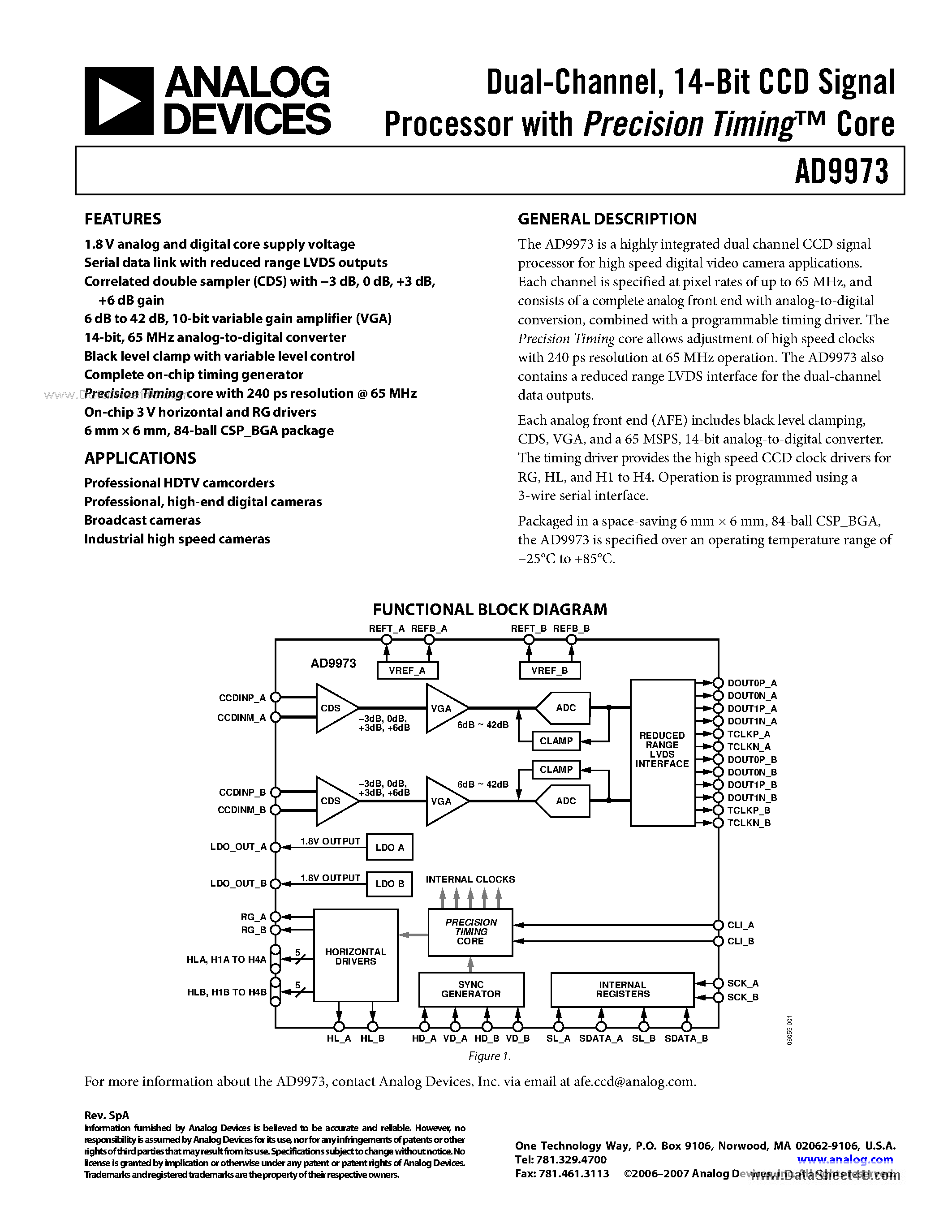 Даташит AD9973 - 14-Bit CCD Signal Processor страница 1