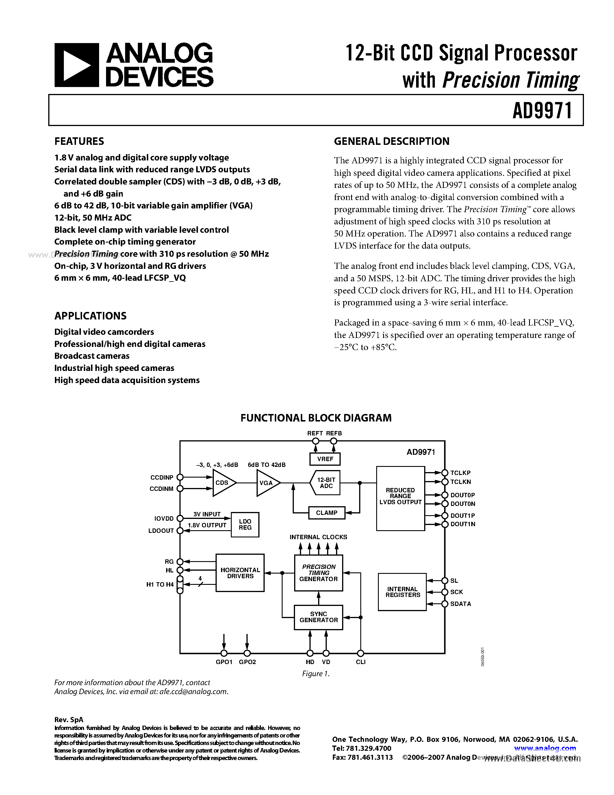 Даташит AD9971 - 12-Bit CCD Signal Processor страница 1