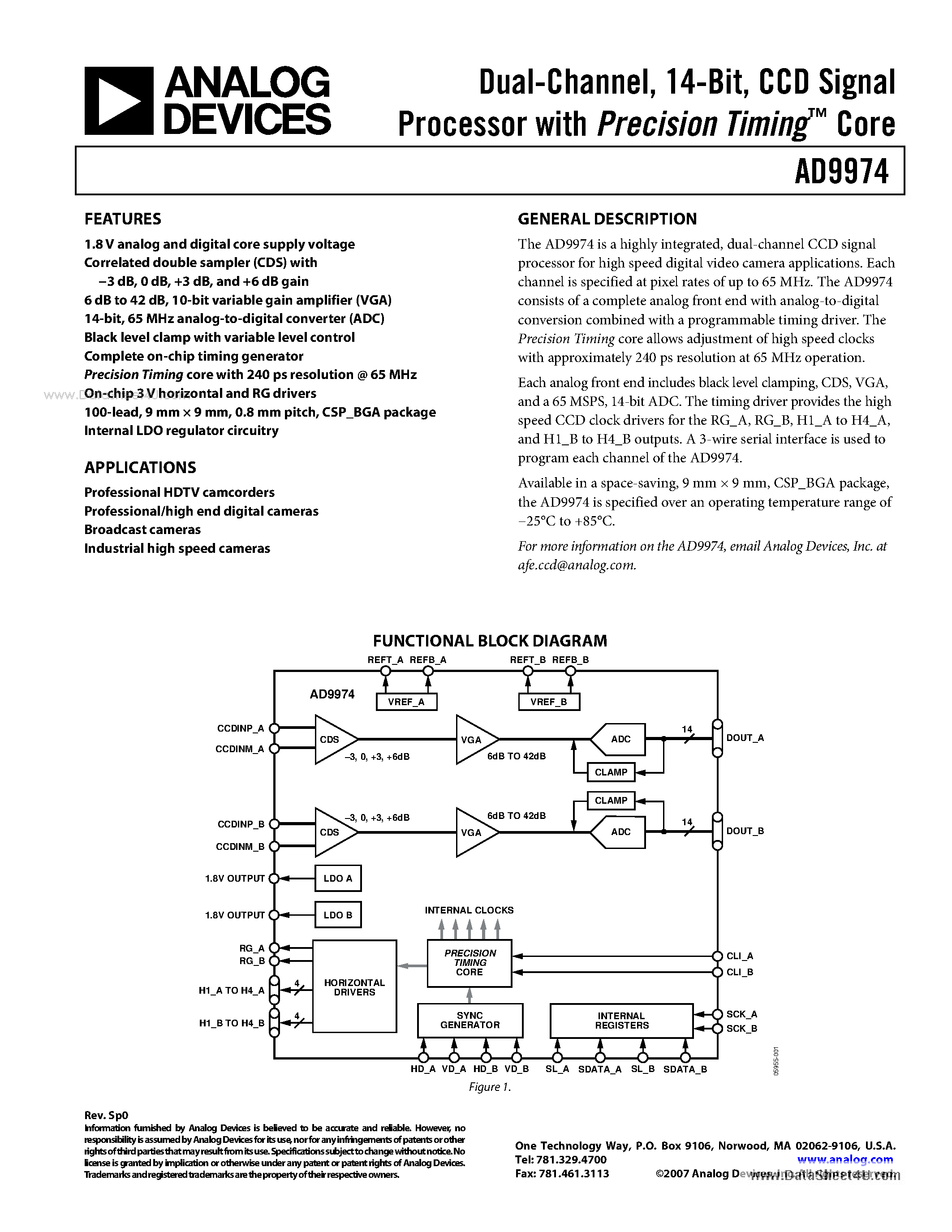 Даташит AD9974 - CCD Signal Processor страница 1