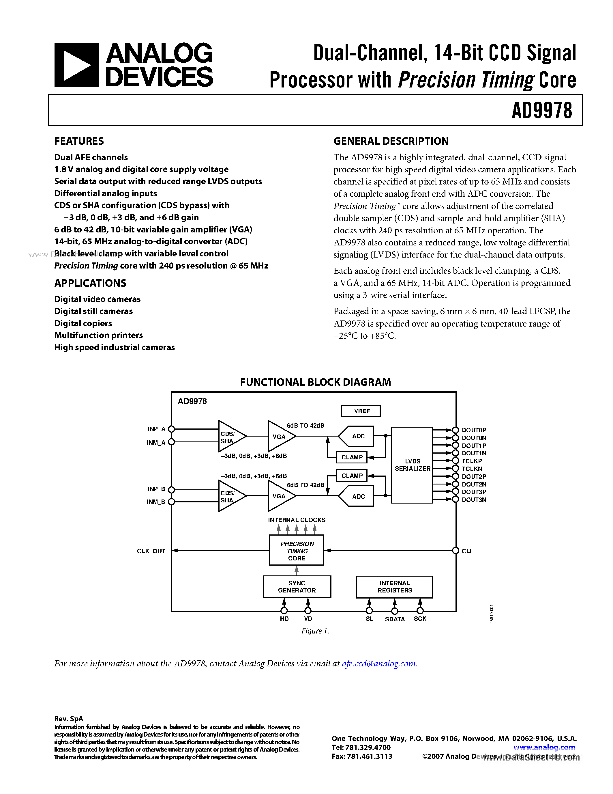 Datasheet AD9978 - 14-Bit CCD Signal Processor page 1