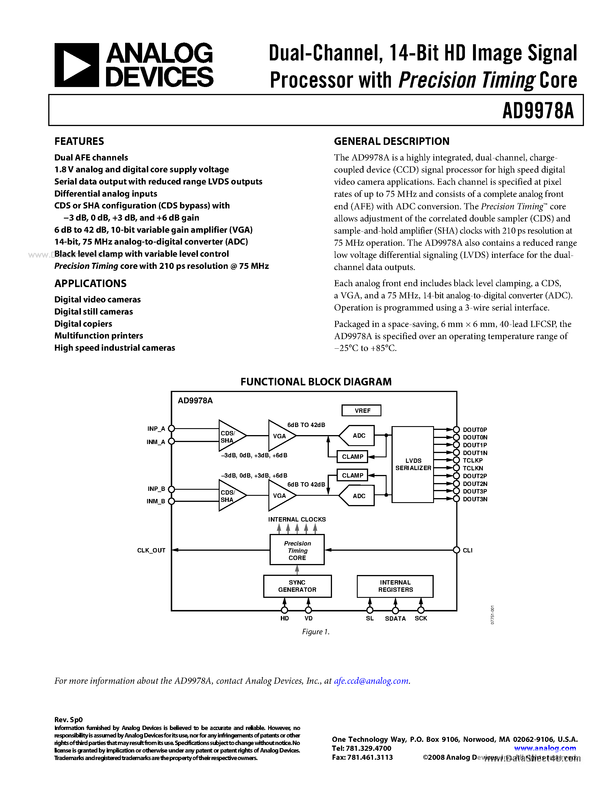 Datasheet AD9978A - 14-Bit HD Image Signal Processor page 1