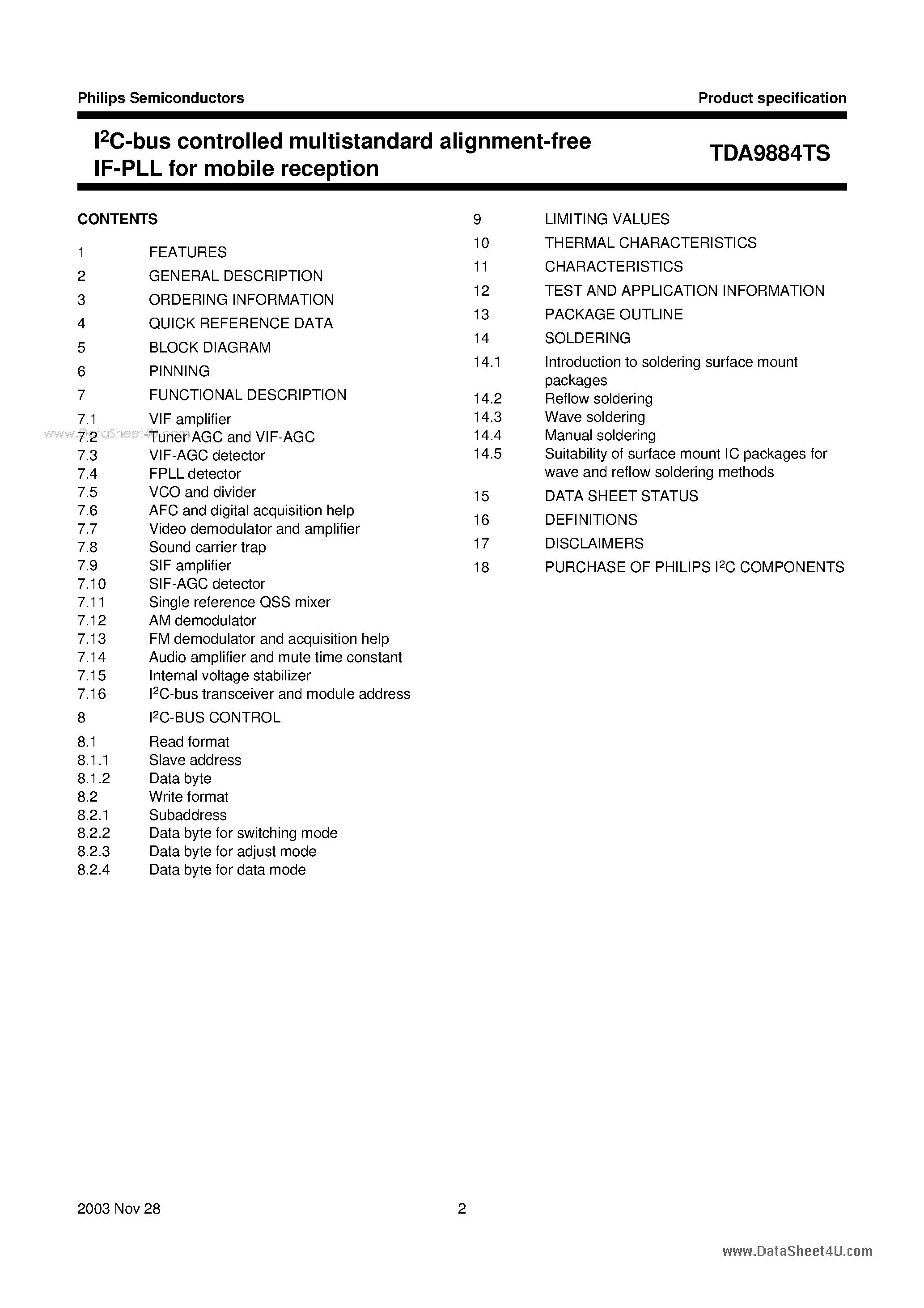 Даташит TDA9884TS - I2C-bus controlled multistandard alignment-free IF-PLL страница 2