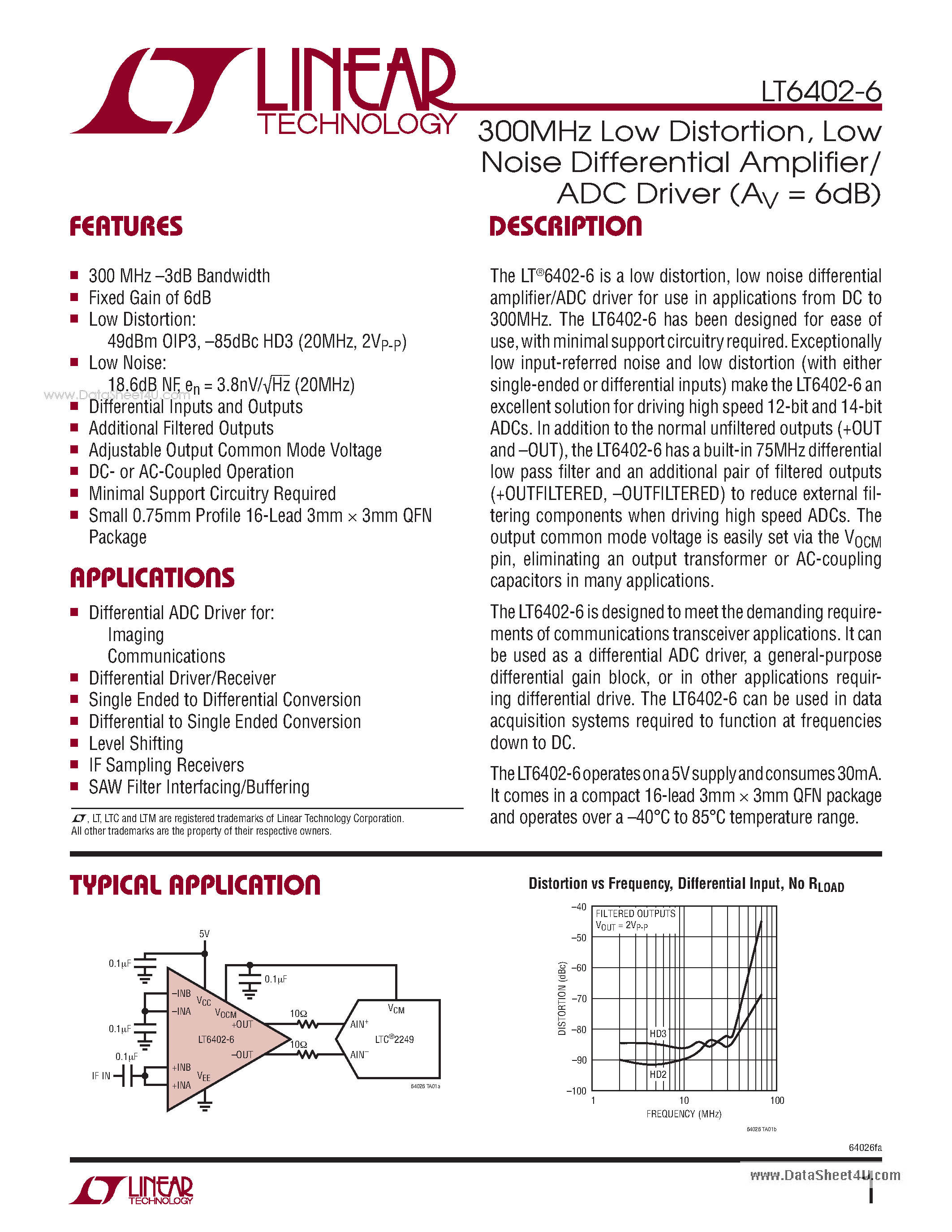 Datasheet LT6402-6 - Low Noise Differential Amplifier/ ADC Driver (AV = 6dB) page 1