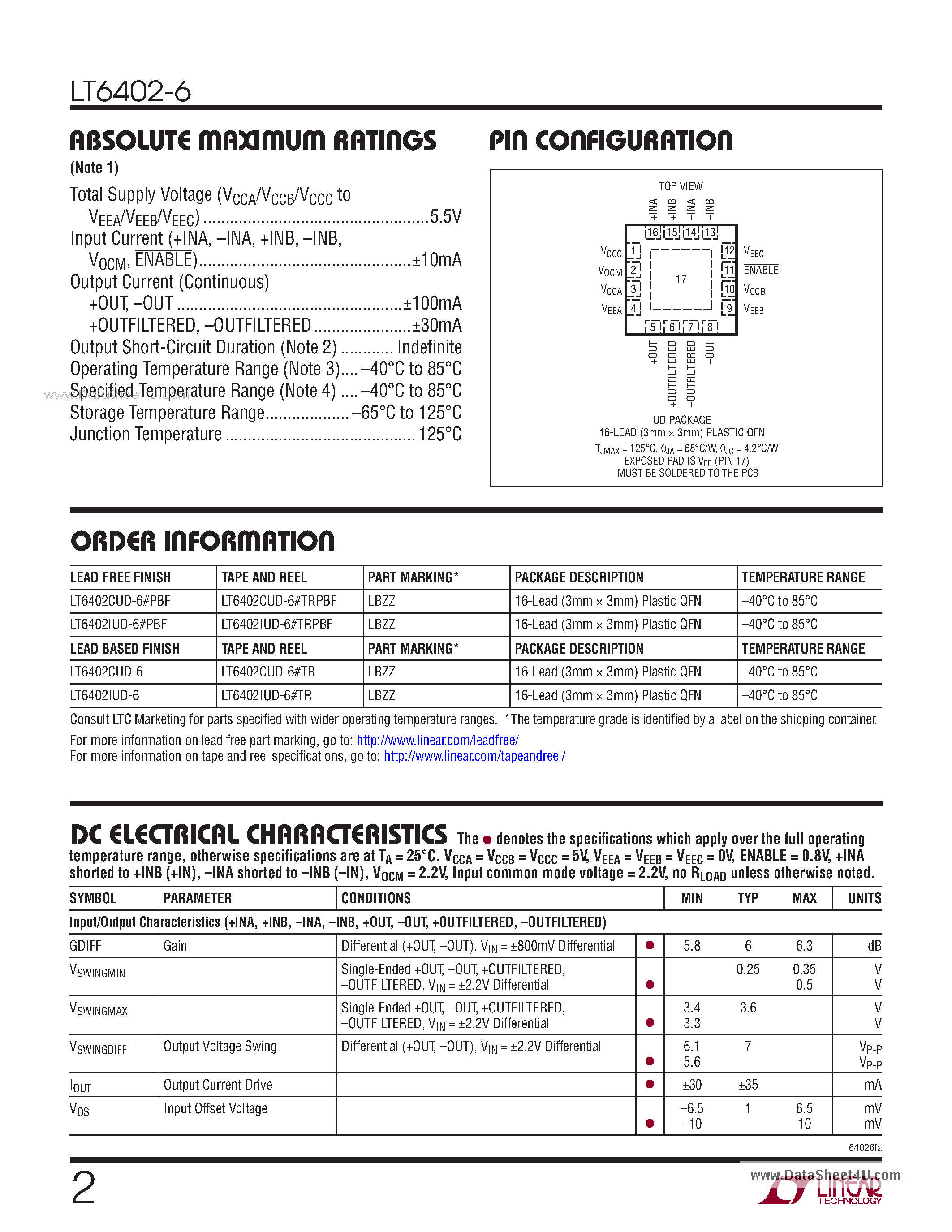 Datasheet LT6402-6 - Low Noise Differential Amplifier/ ADC Driver (AV = 6dB) page 2