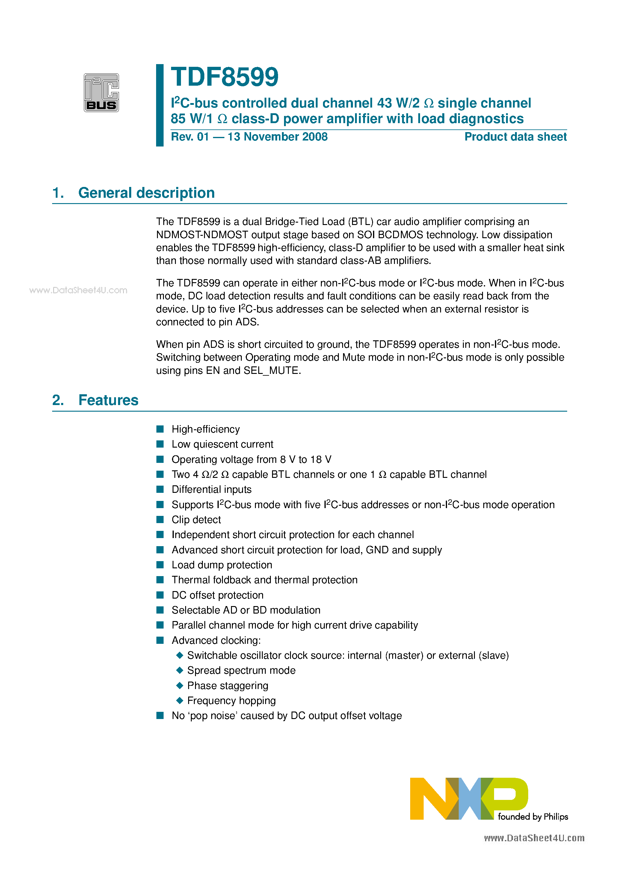Даташит TDF8599 - I2C-bus controlled dual channel 43 W/2 W single channel 85 W/1 W class-D power amplifier страница 1