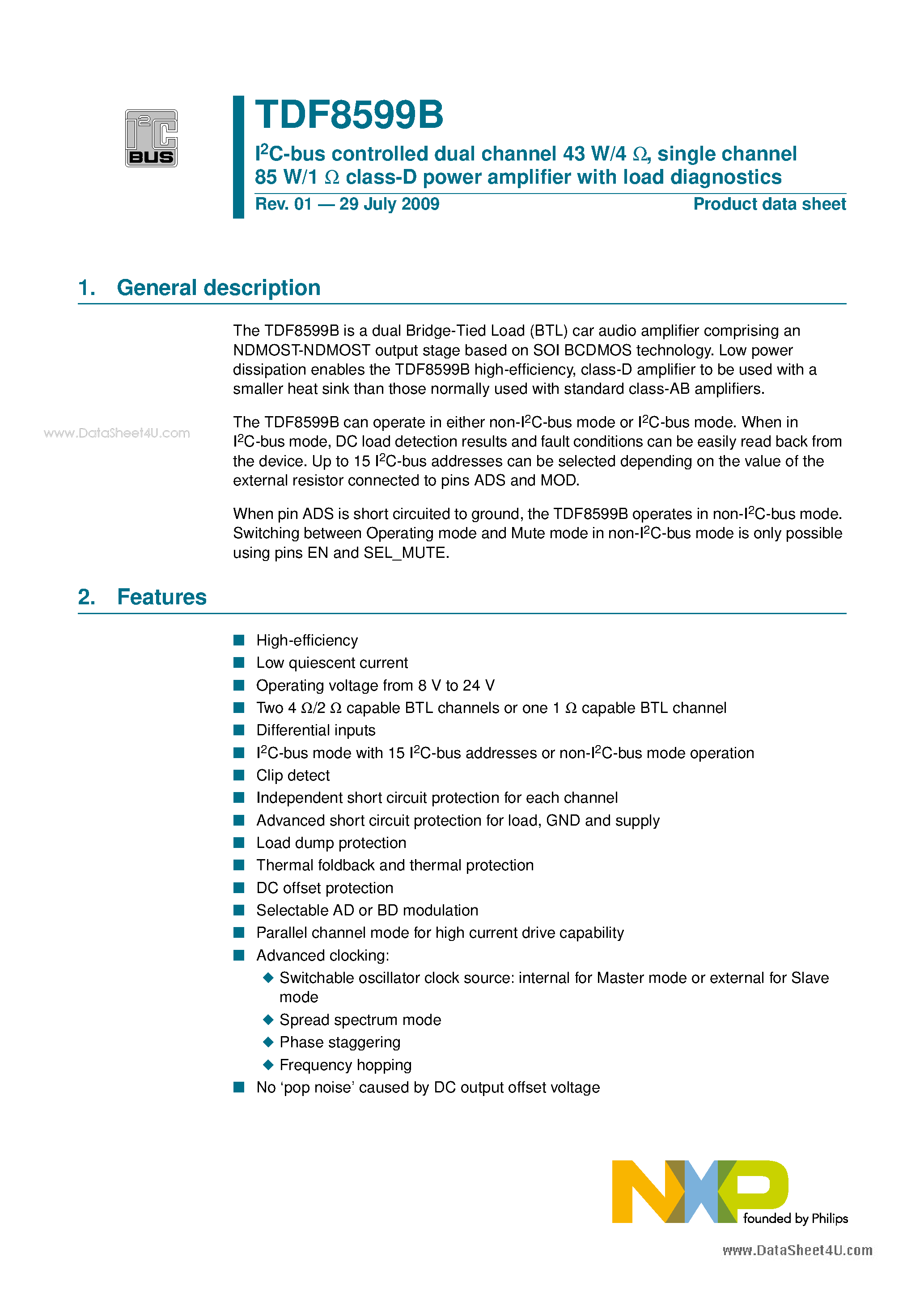 Даташит TDF8599B - single channel 85 W/1 W class-D power amplifier страница 1