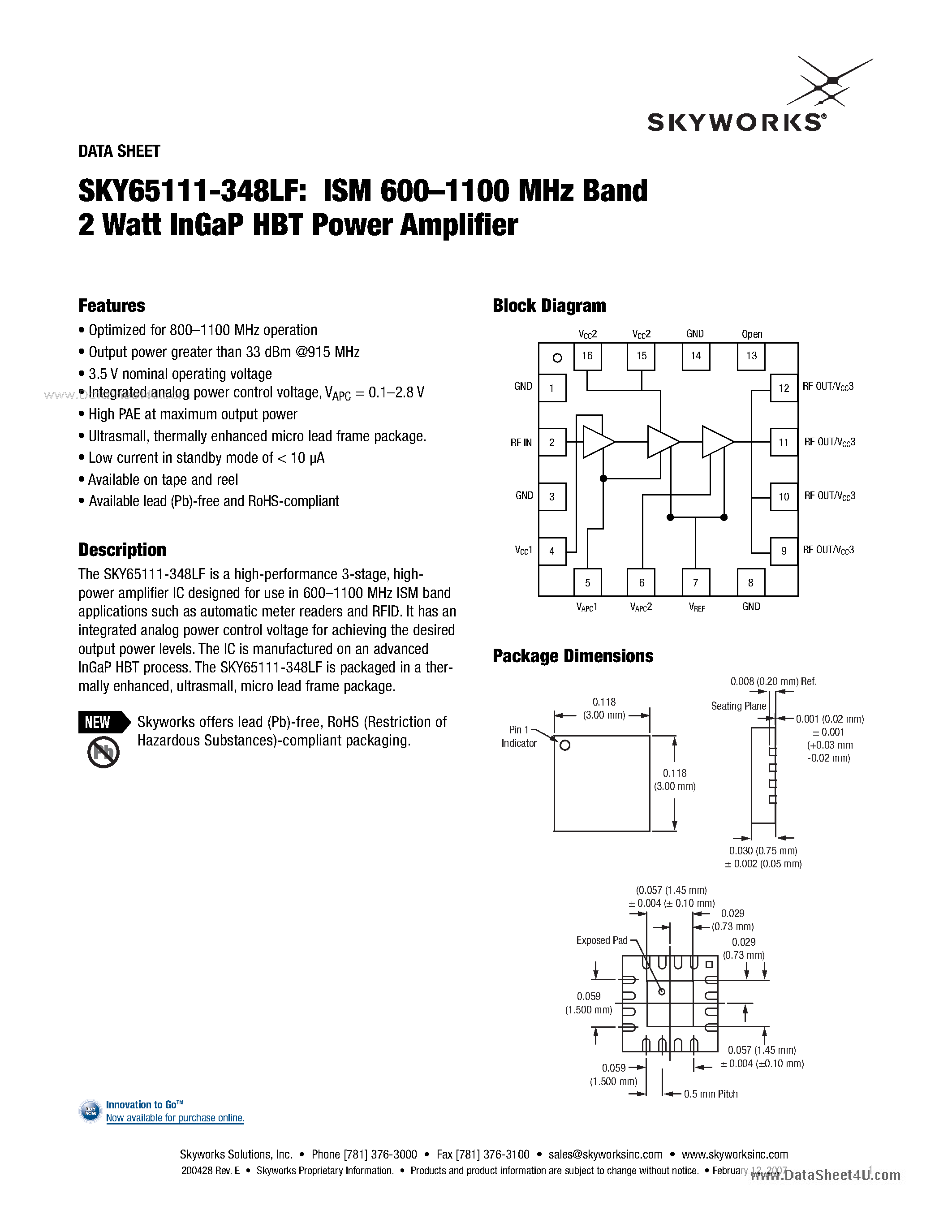 Даташит SKY65111-348LF - ISM 600-1100 MHz Band 2 Watt InGaP HBT Power Amplifier страница 1