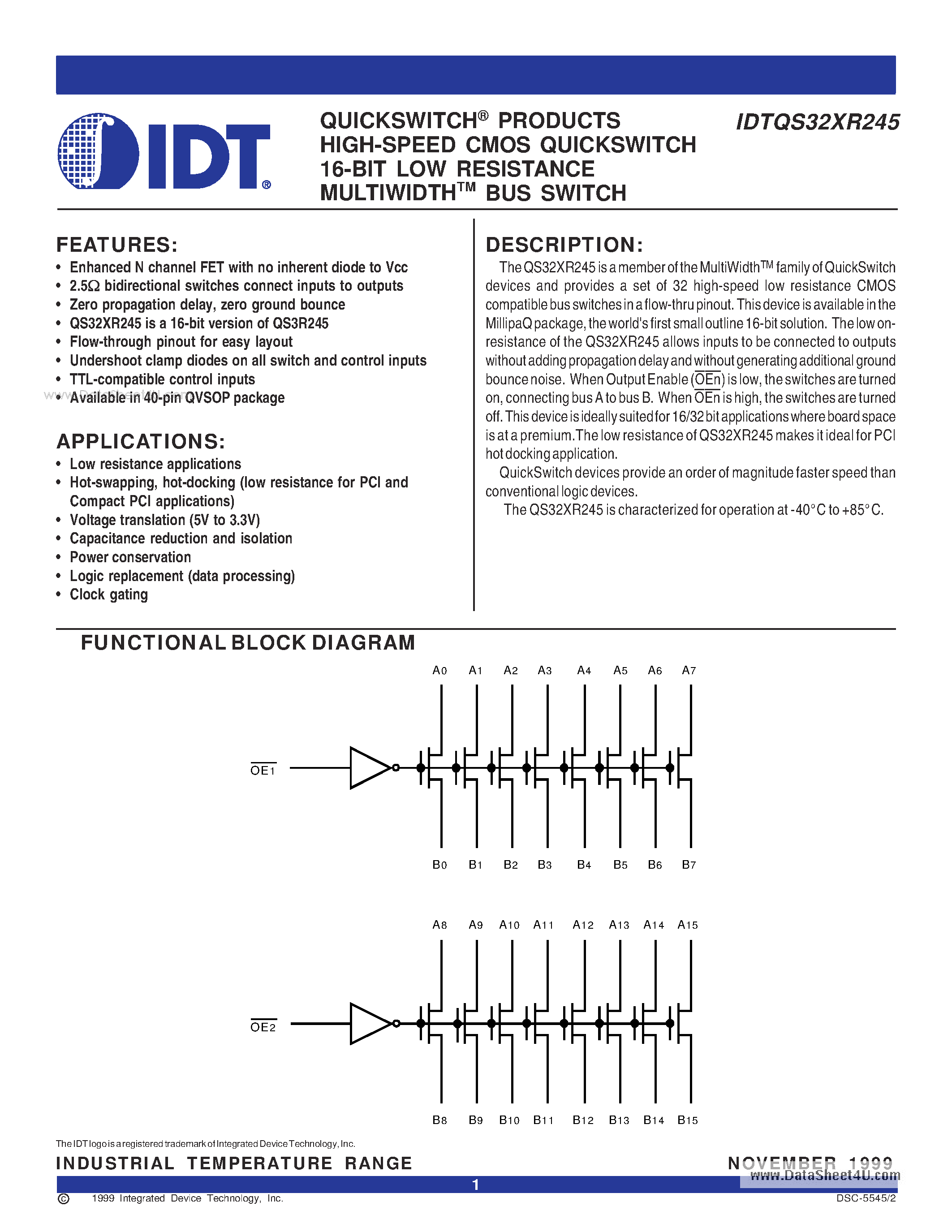 Datasheet IDTQS32XR245 - QUICKSWITCH PRODUCTS HIGH-SPEED CMOS QUICKSWITCH 16-BIT LOW RESISTANCE MULTIWIDTH BUS SWITCH page 1