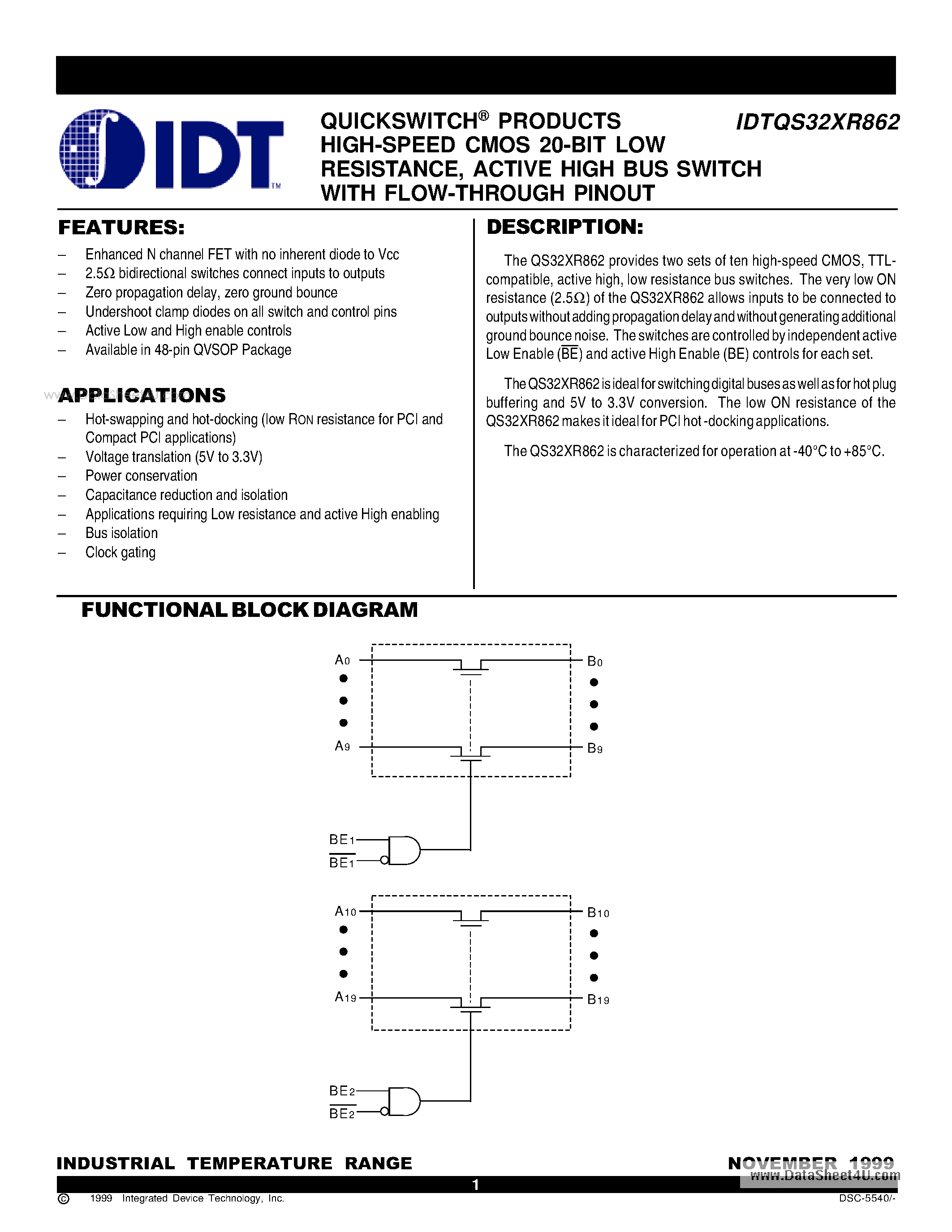 Datasheet IDTQS32XR862 - QUICKSWITCH PRODUCTS HIGH-SPEED CMOS 20-BIT LOW RESISTANCE page 1