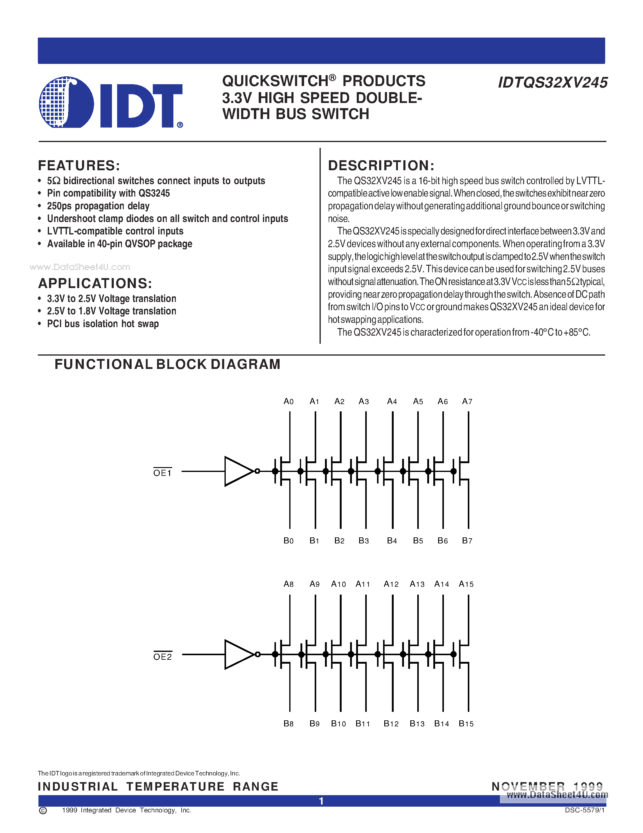 Datasheet IDTQS32XV245 - QUICKSWITCH-R PRODUCTS 3.3V HIGH SPEED DOUBLE - DOUBLEWIDTH page 1