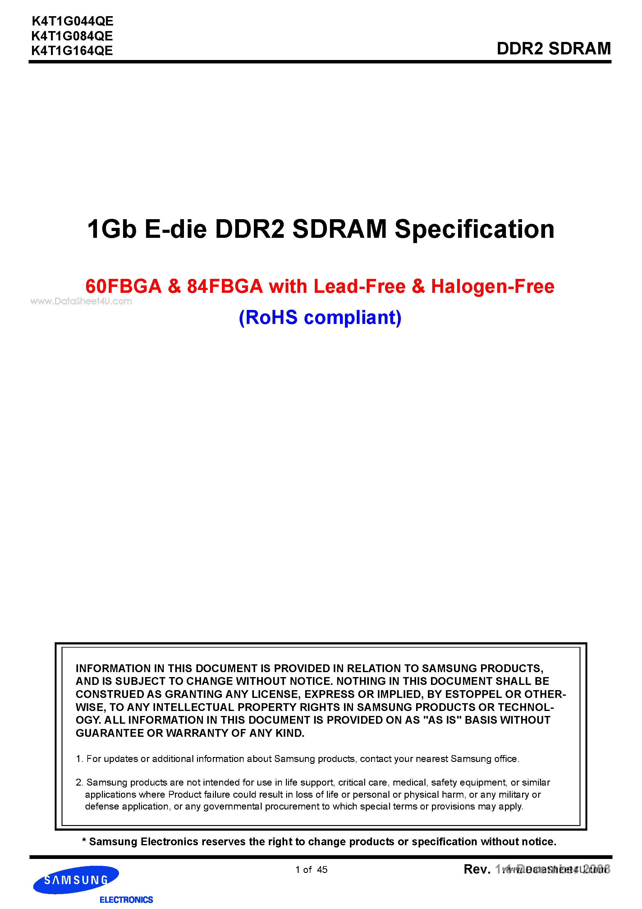 Datasheet K4T1G044QE - 1Gb E-die DDR2 SDRAM page 1