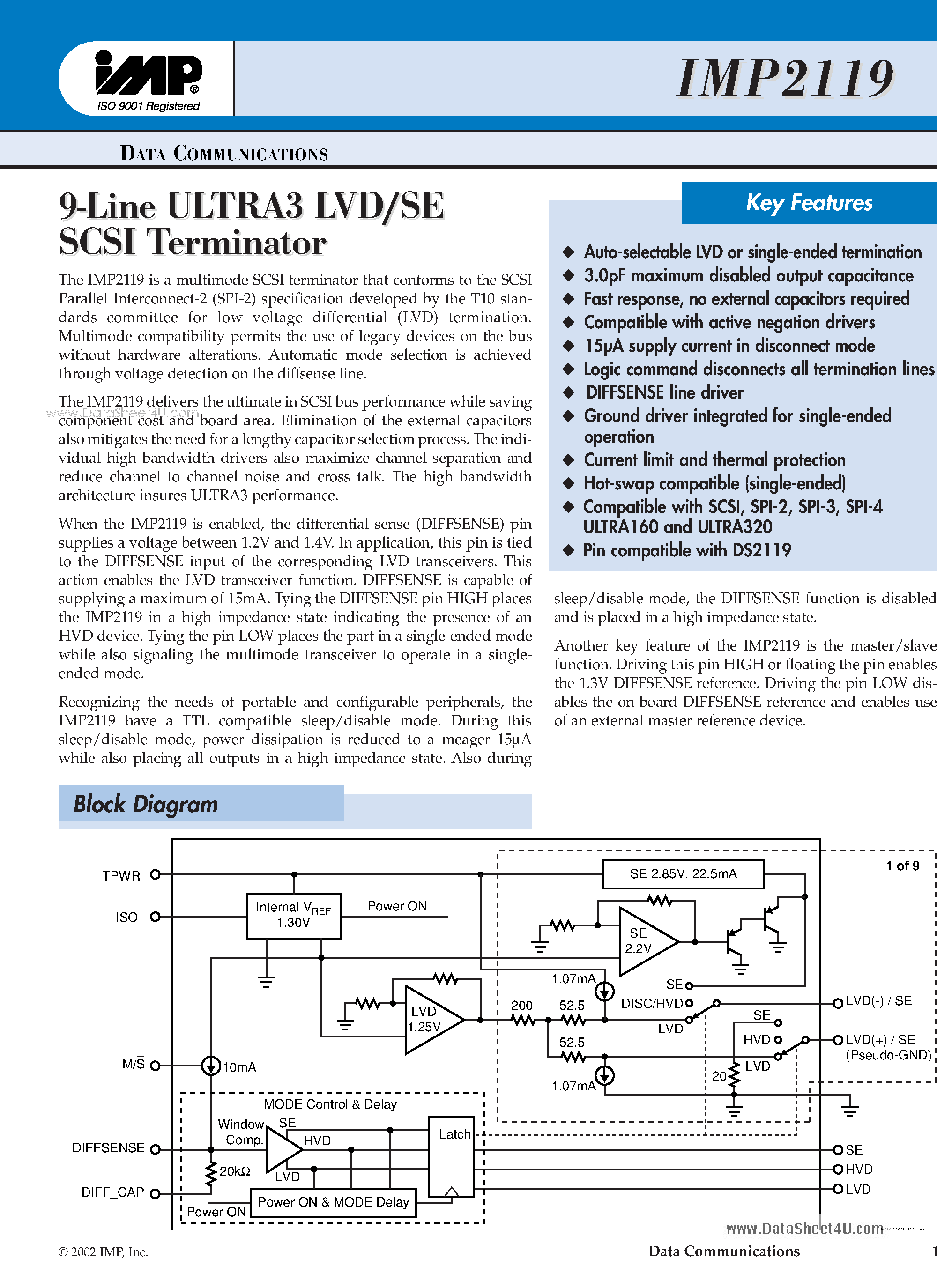 Даташит IMP2119 - 9-Line ULTRA3 LVD/SE SCSI Terminator страница 1