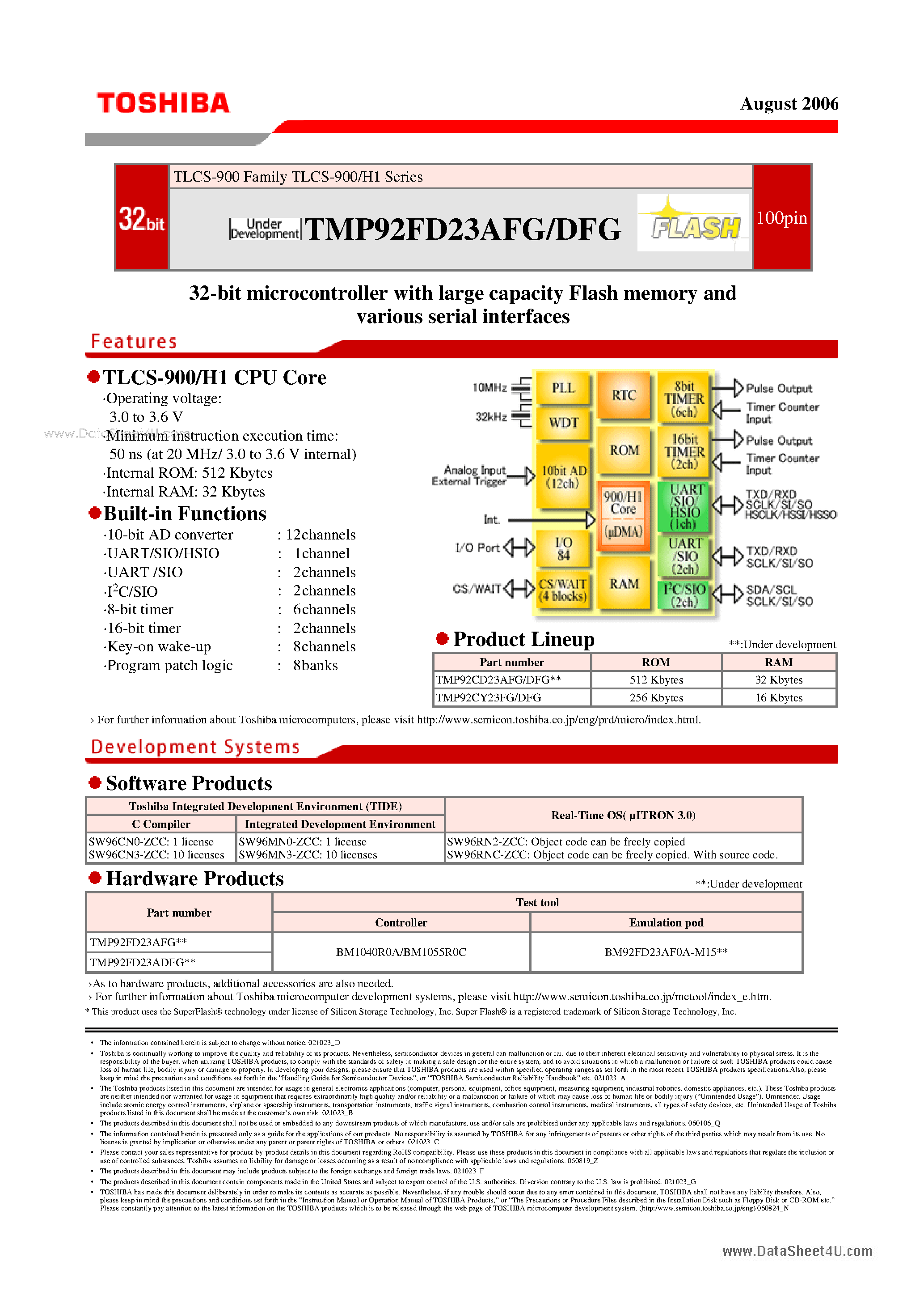 Даташит TMP92FD23AFG - 32-bit microcontroller страница 1