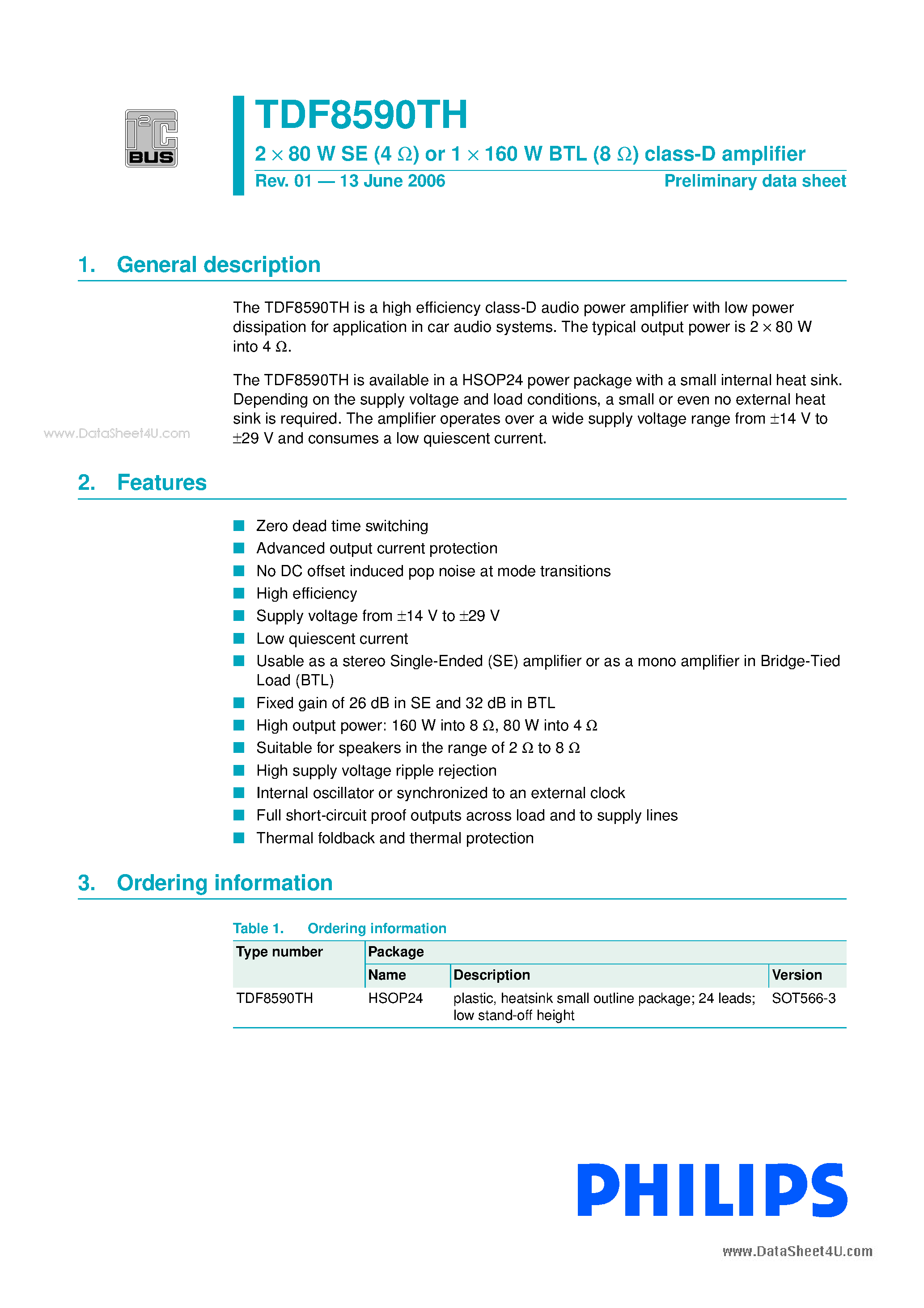 Даташит TDF8590TH - 2 x 80 W SE or 1 x 160 W BTL class-D amplifer страница 1