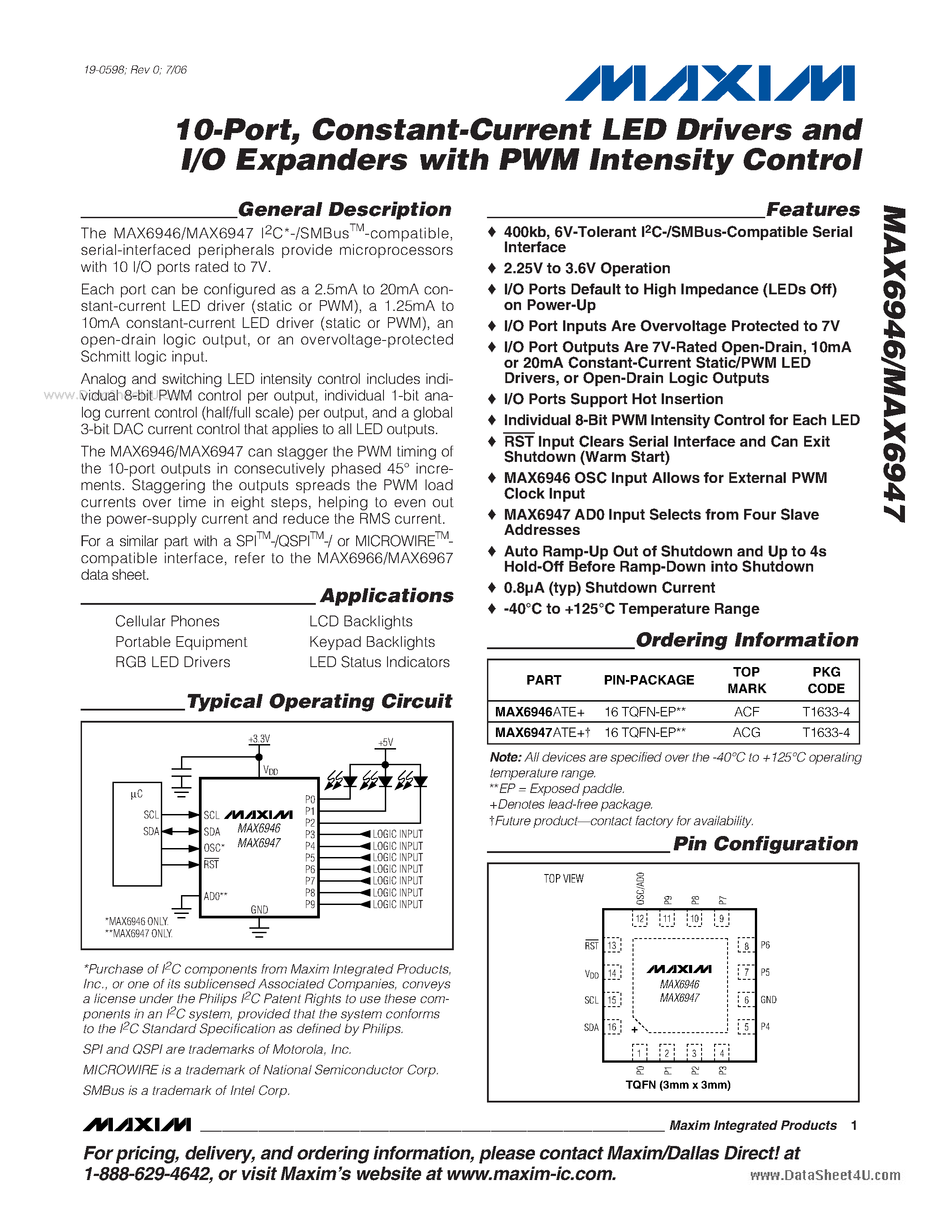 Datasheet MAX6946 - Constant-Current LED Drivers and I/O Expanders page 1