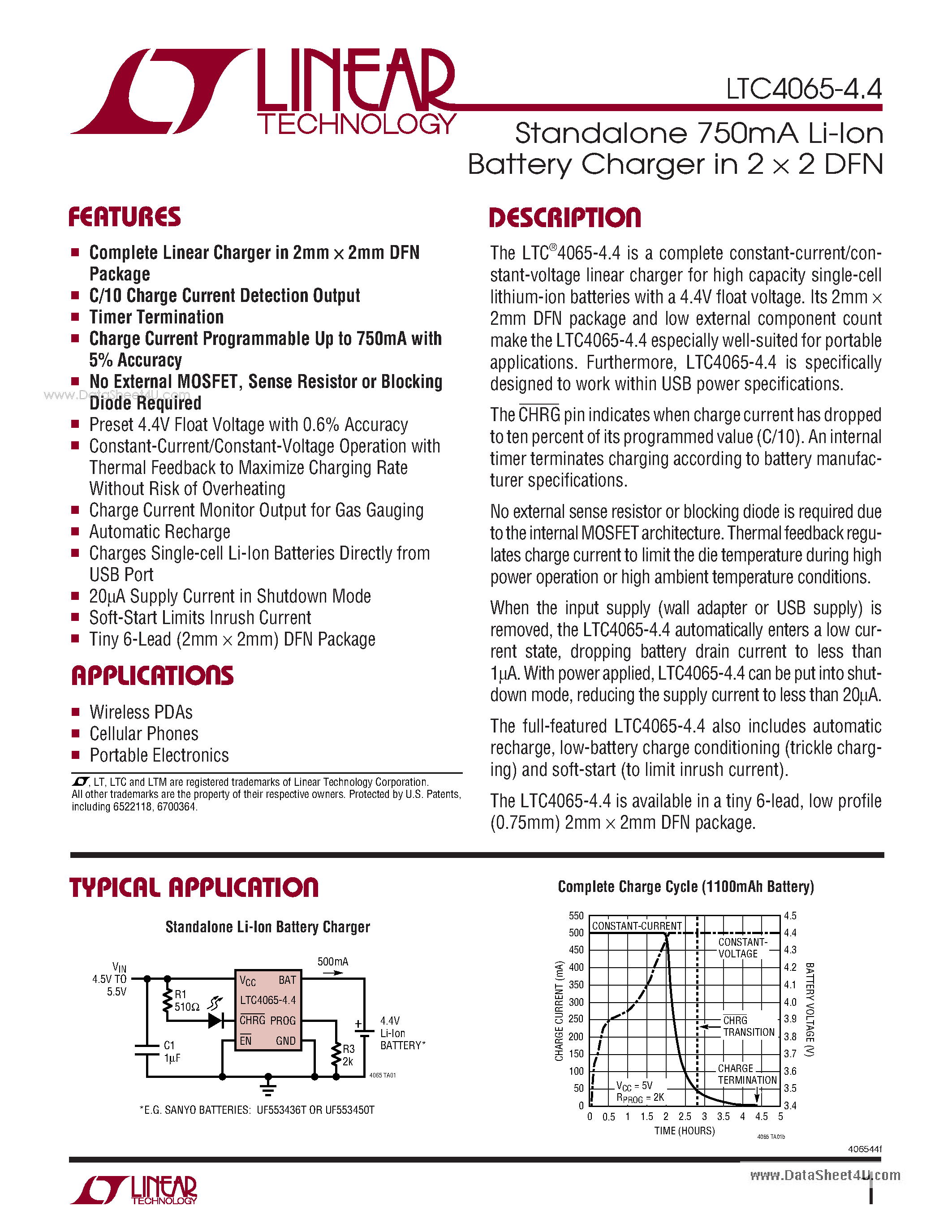 Datasheet LTC4065-4.4 - Standalone 750mA Li-Ion Battery Charge page 1