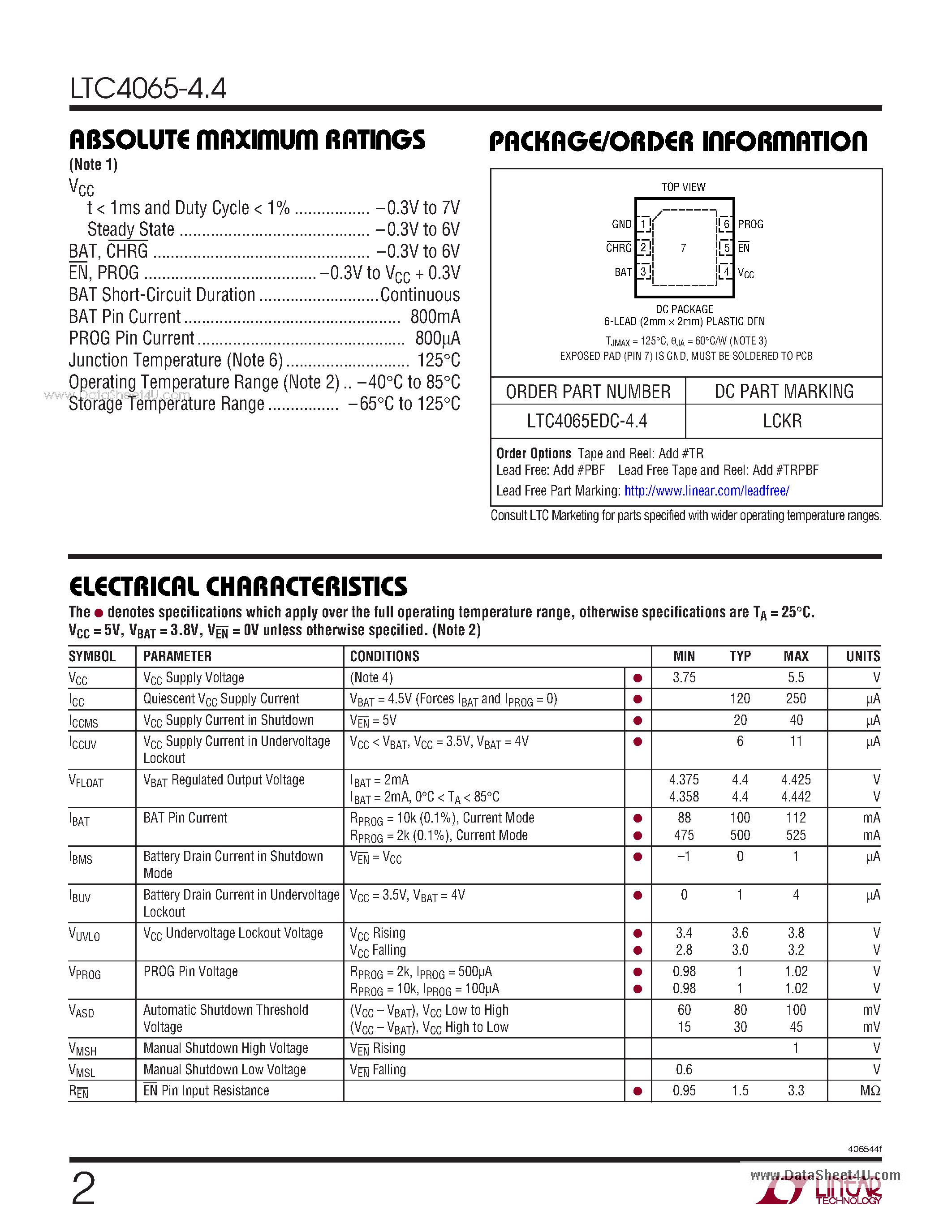 Datasheet LTC4065-4.4 - Standalone 750mA Li-Ion Battery Charge page 2