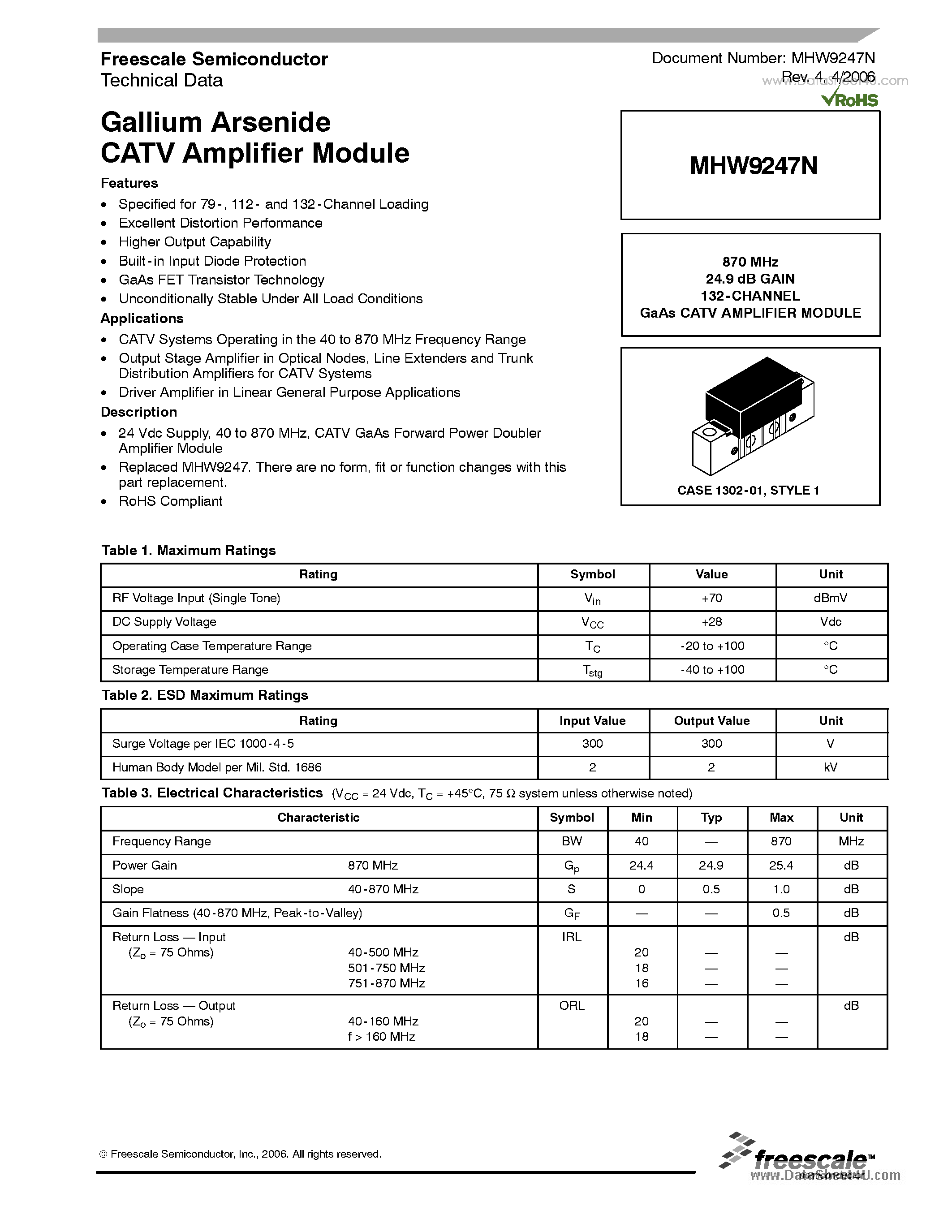 Даташит MHW9247N - 870 MHz 24.9 dB GAIN 132-CHANNEL GaAs CATV AMPLIFIER MODULE страница 1