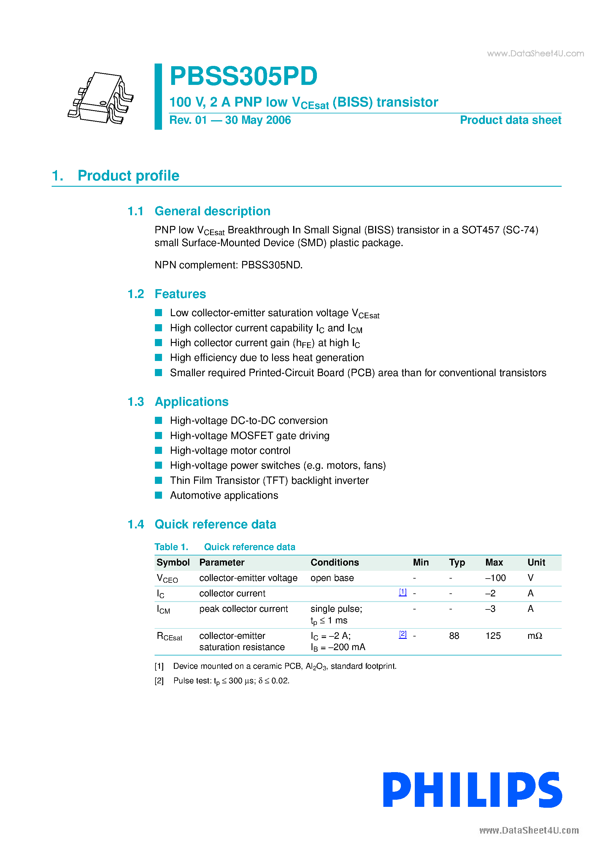 Даташит PBSS305PD - 2 A PNP low VCEsat (BISS) transistor страница 1