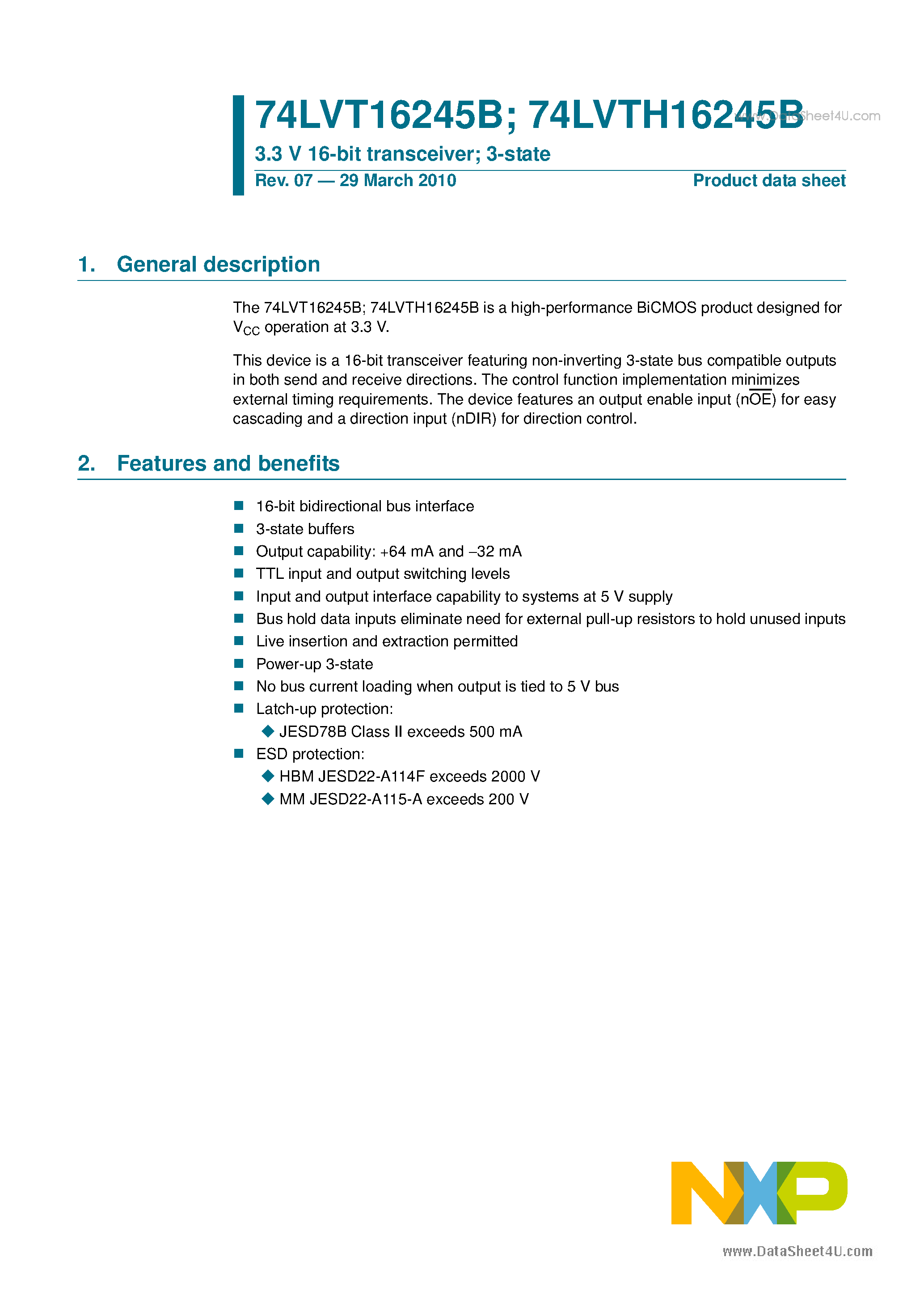 Datasheet 74LVT16245B - 3.3V 16-bit transceiver page 1