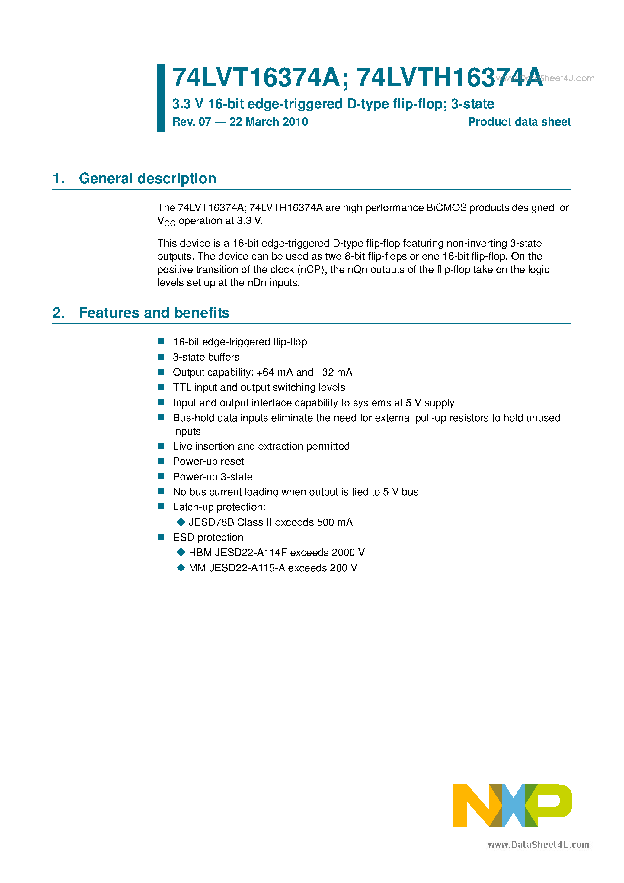 Datasheet 74LVT16374A - 3.3V 16-bit edge-triggered D-type flip-flop page 1