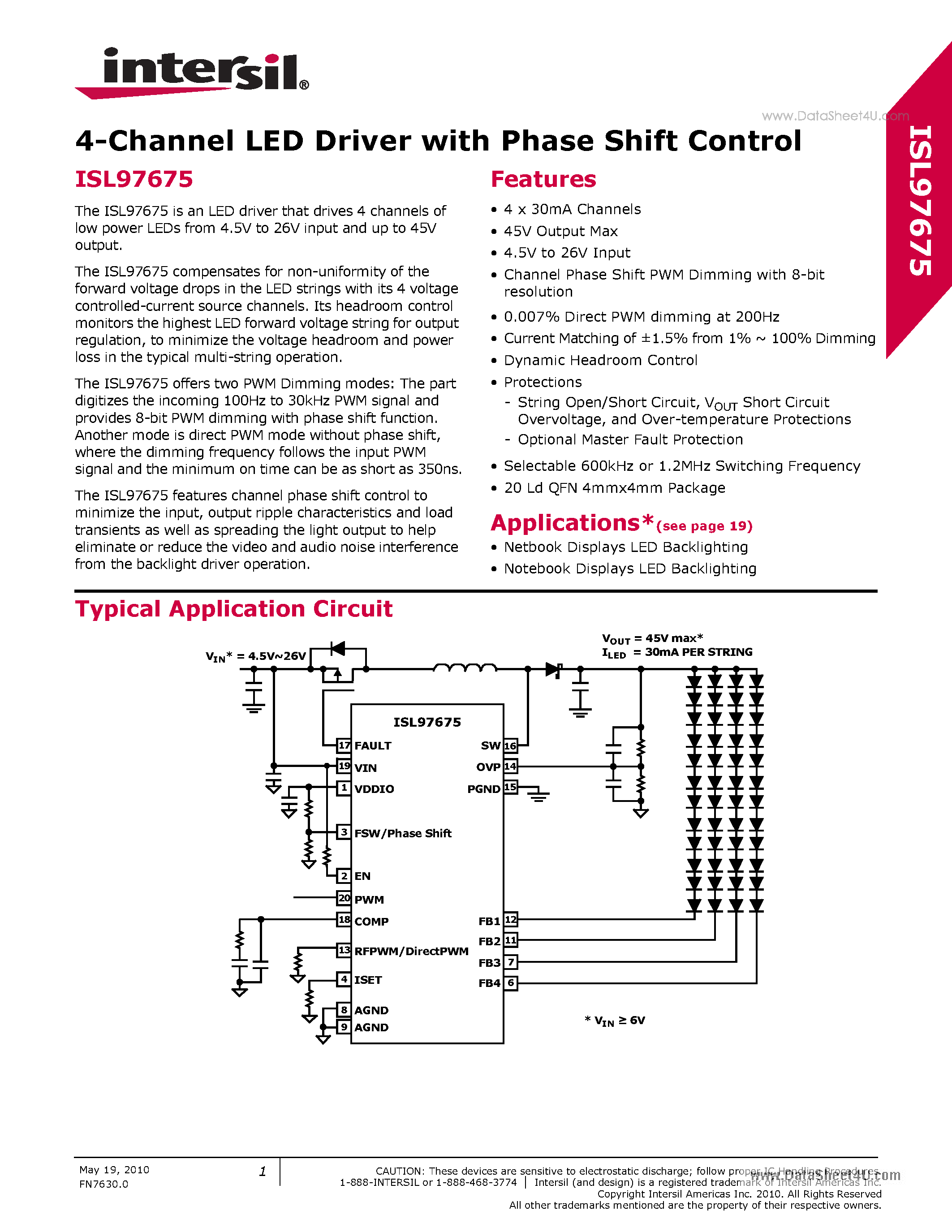 Datasheet ISL97675 - 4-Channel LED Driver page 1