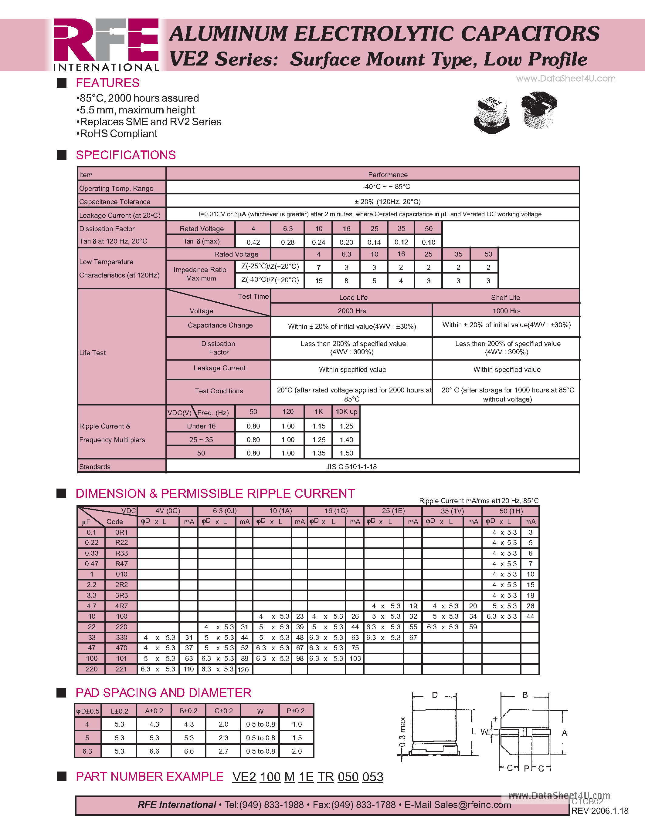 Даташит VE2100M1ETR050053 - ALUMINUM ELECTROLYTIC CAPACITORS страница 1