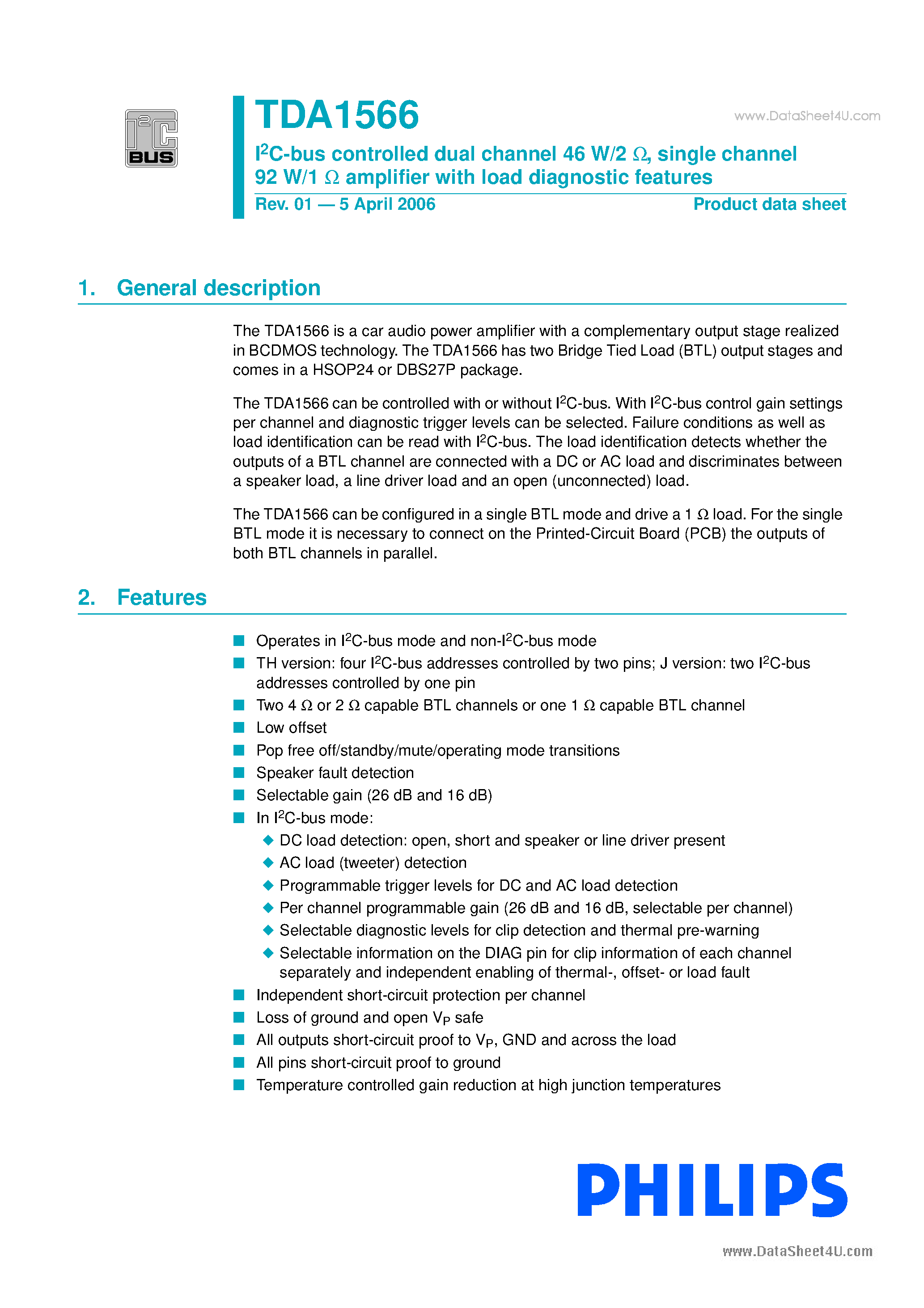 Datasheet TDA1566 - single channel 92 W/1 amplifer page 1