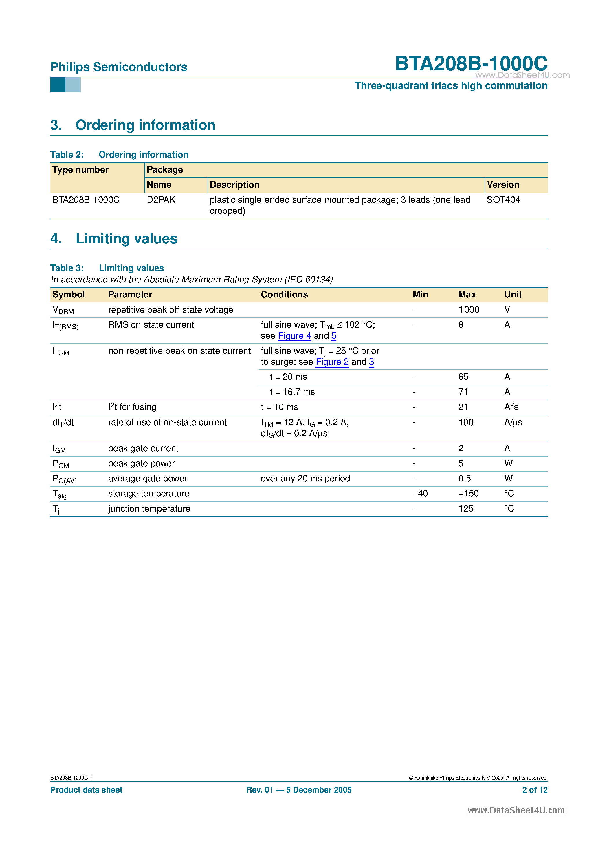 Datasheet BTA208B-1000C - Three-quadrant triacs high commutation page 2