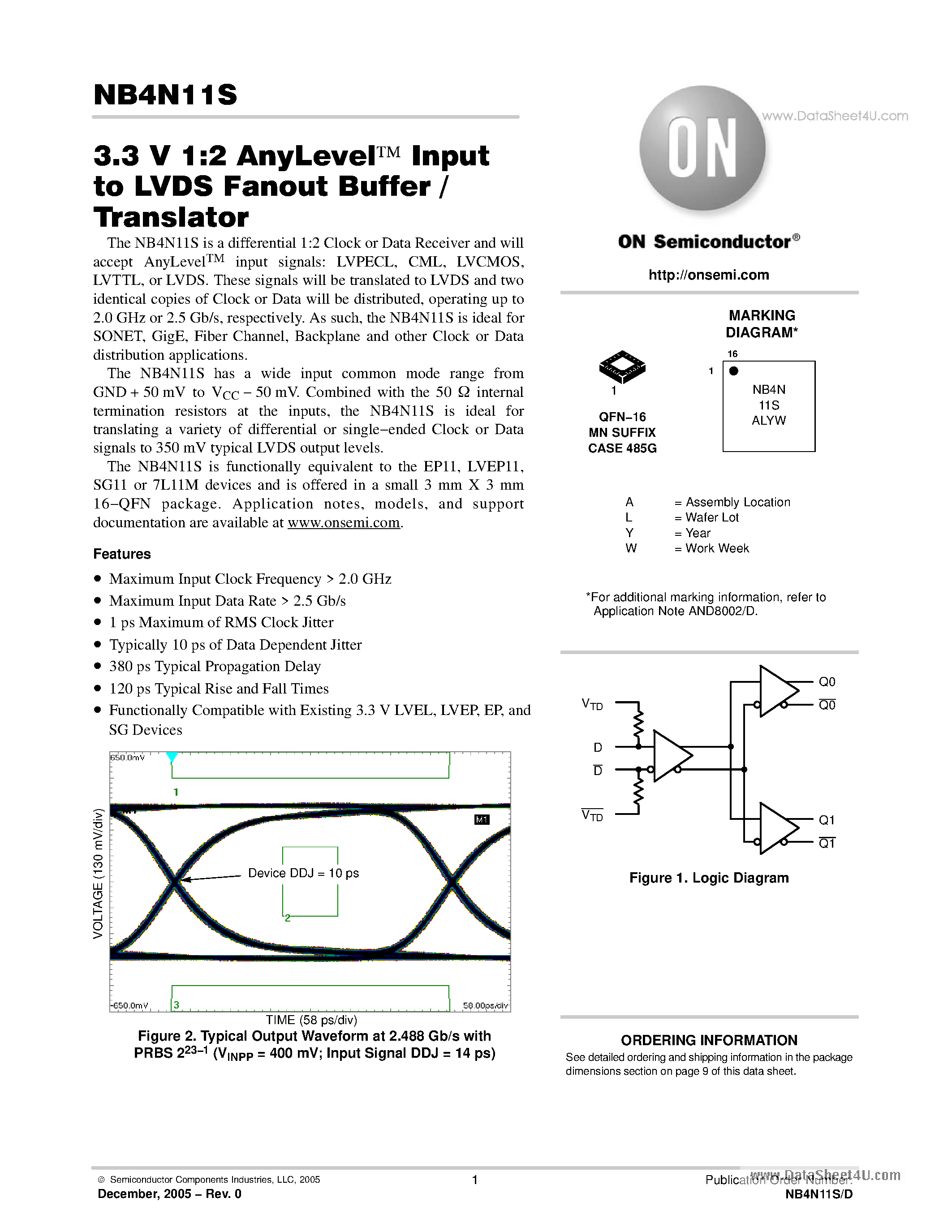 Даташит NB4N11S - 3.3V 1:2 AnyLevel Input to LVDS Fanout Buffer /Translator страница 1