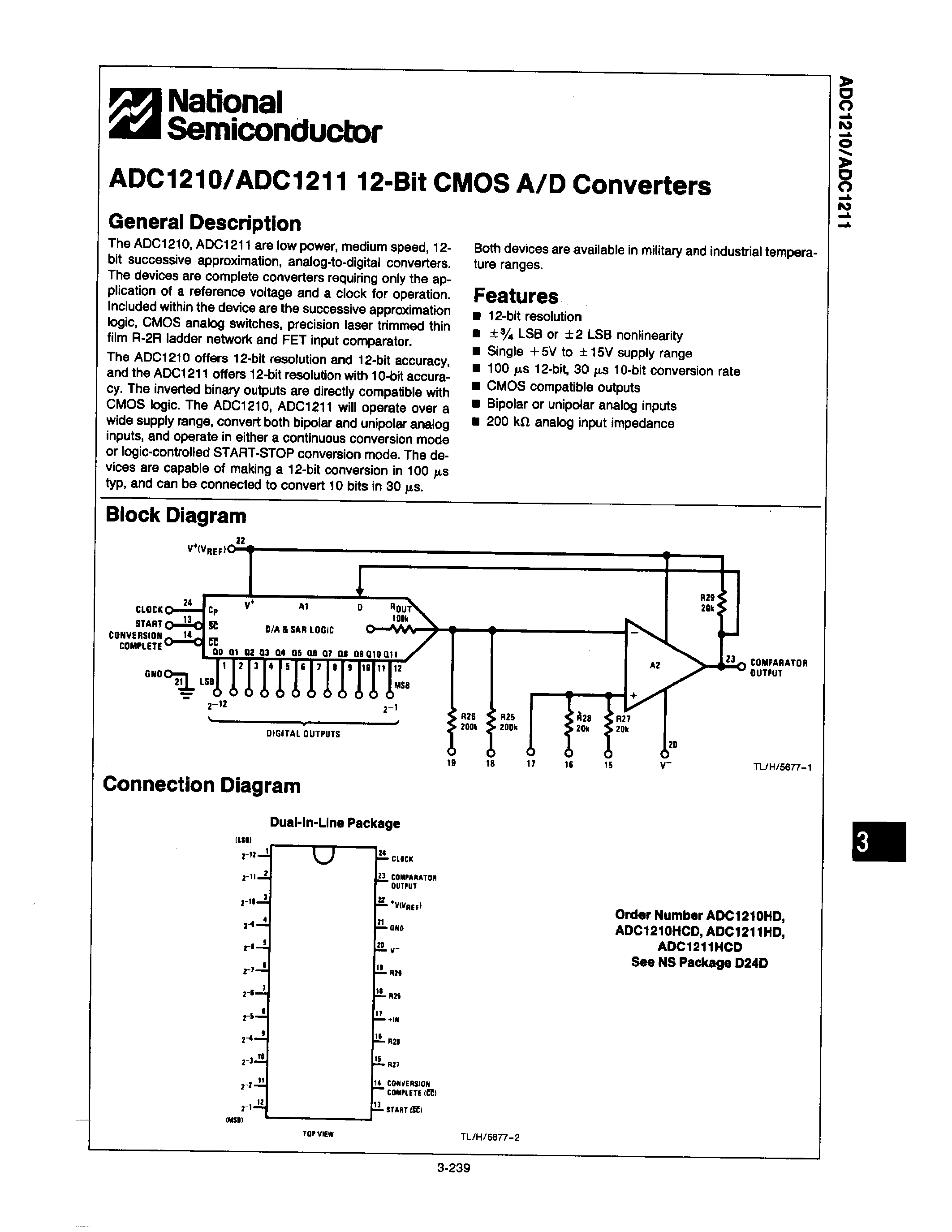 Даташит ADC1210 - (ADC1210 / ADC1211) 12-Bit CMOS A/D Converters страница 1