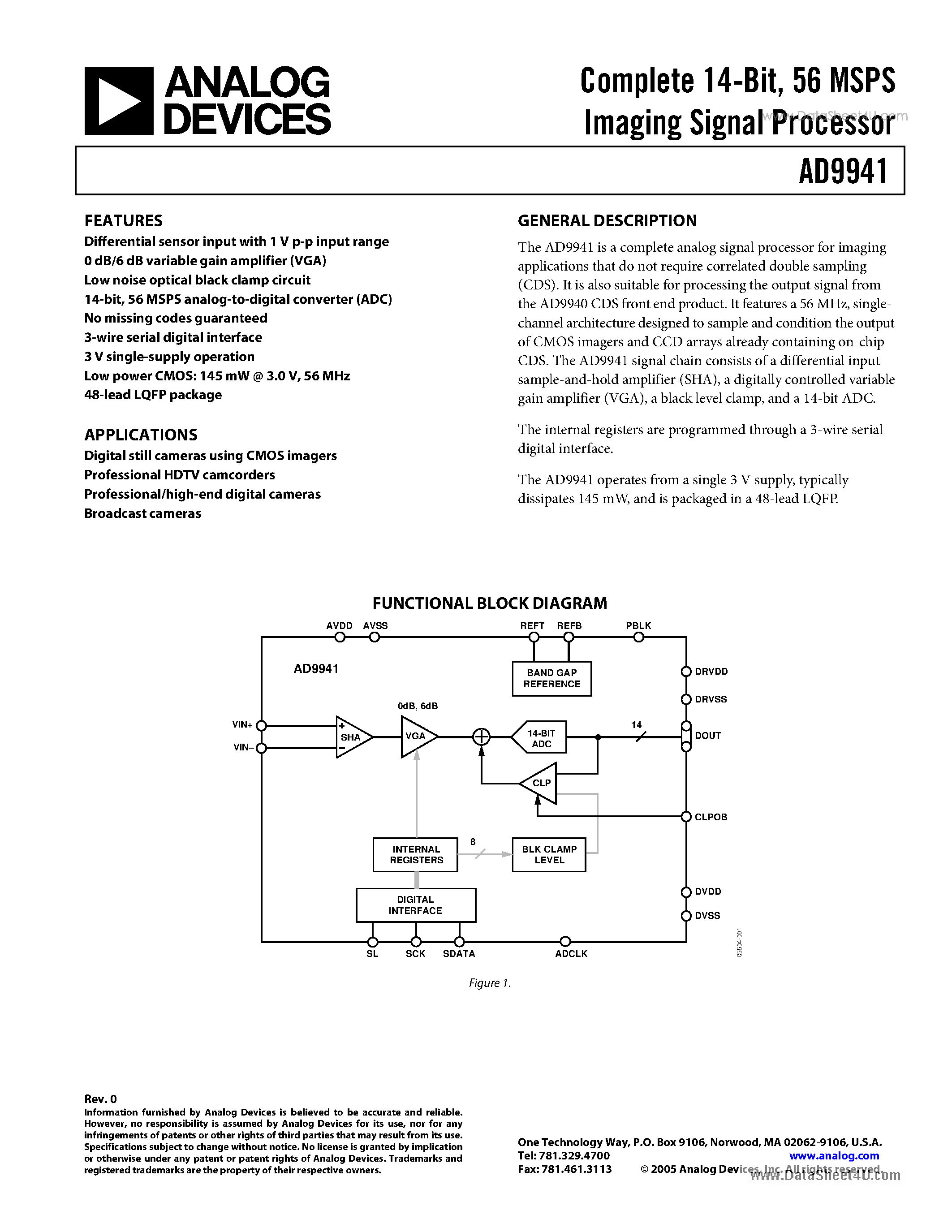 Datasheet AD9941 - 56 MSPS Imaging Signal Processor page 1