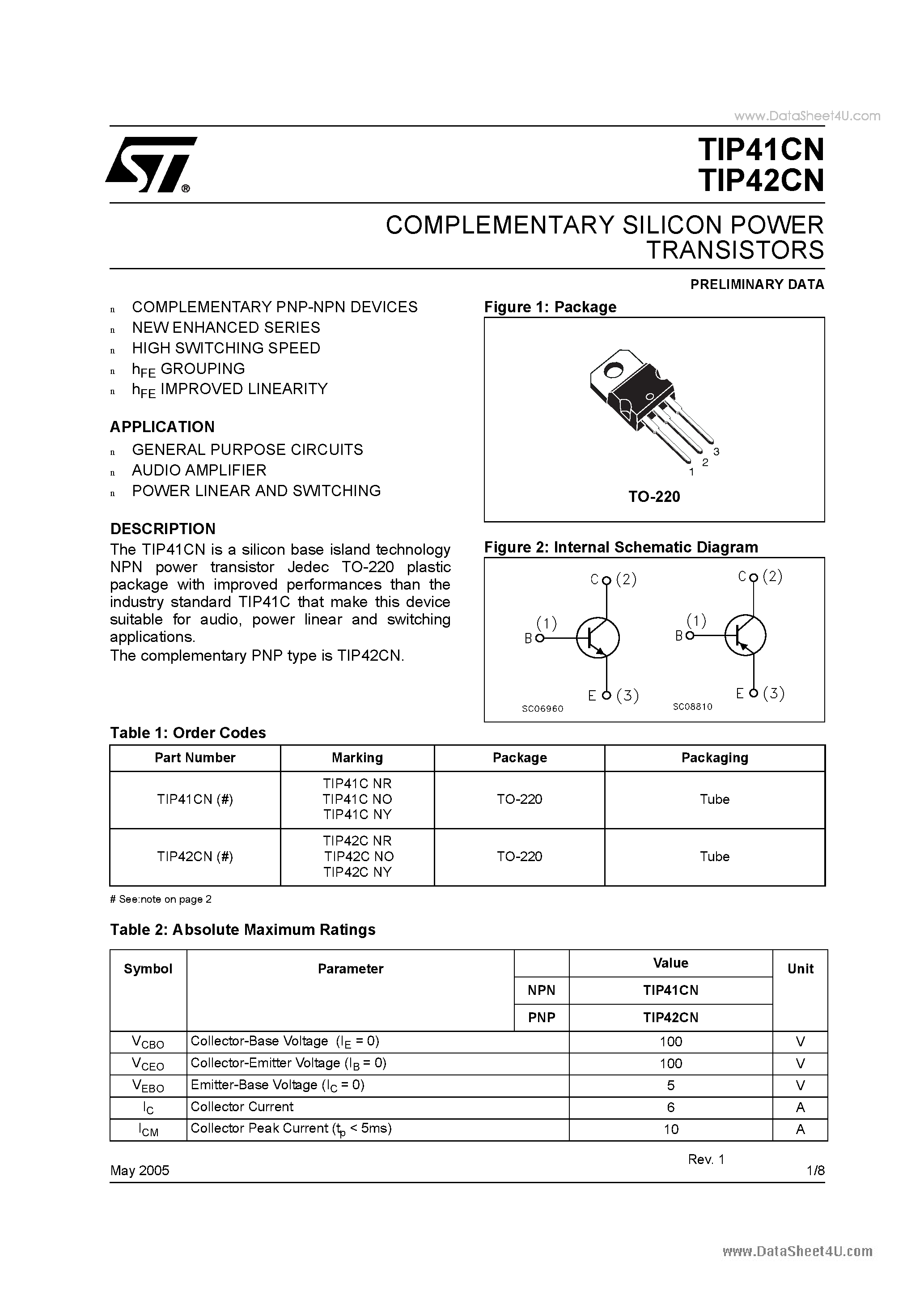 Даташит TIP41CN - COMPLEMENTARY SILICON POWER TRANSISTORS страница 1