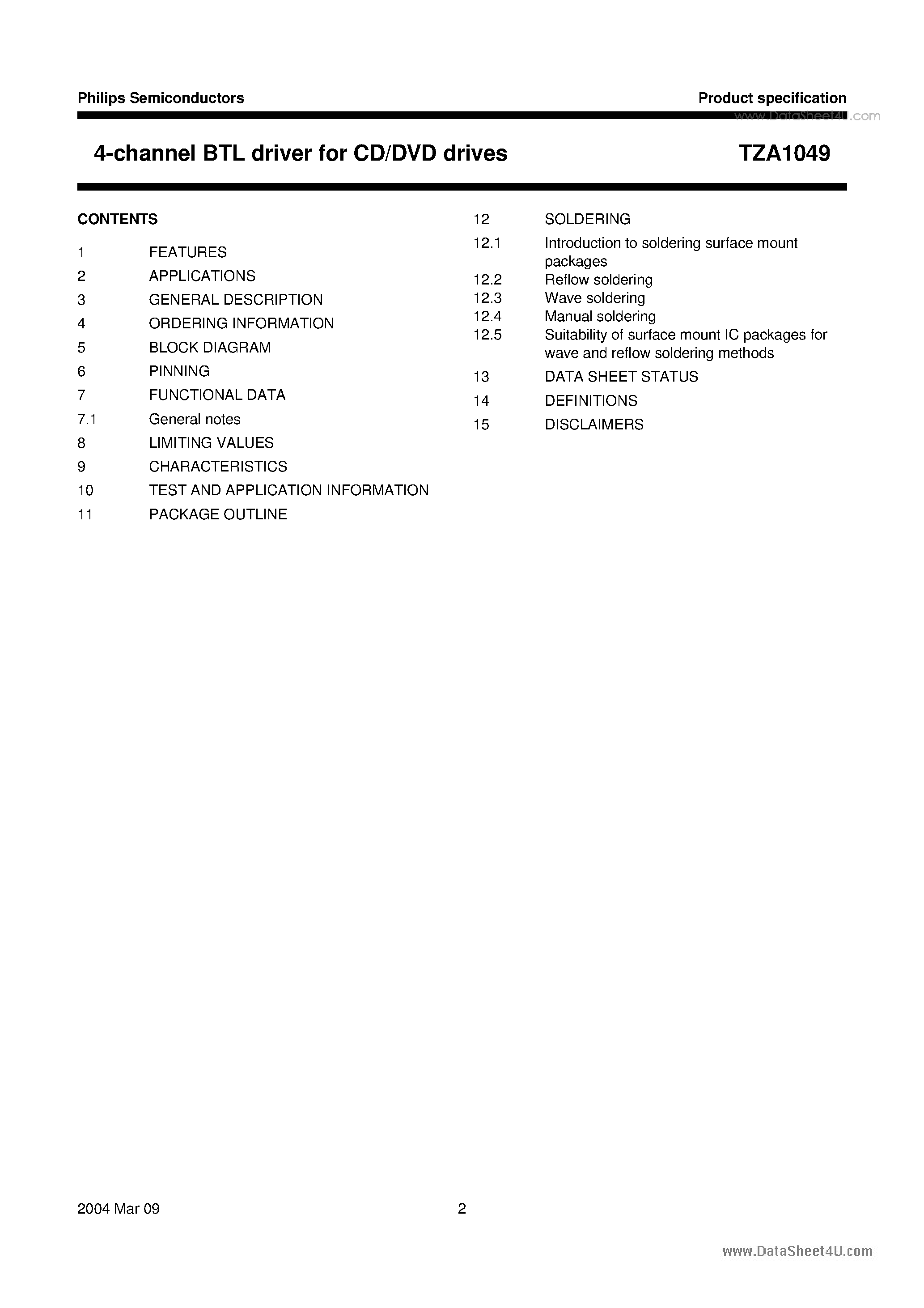 Datasheet TZA1049 - 4-channel BTL driver page 2