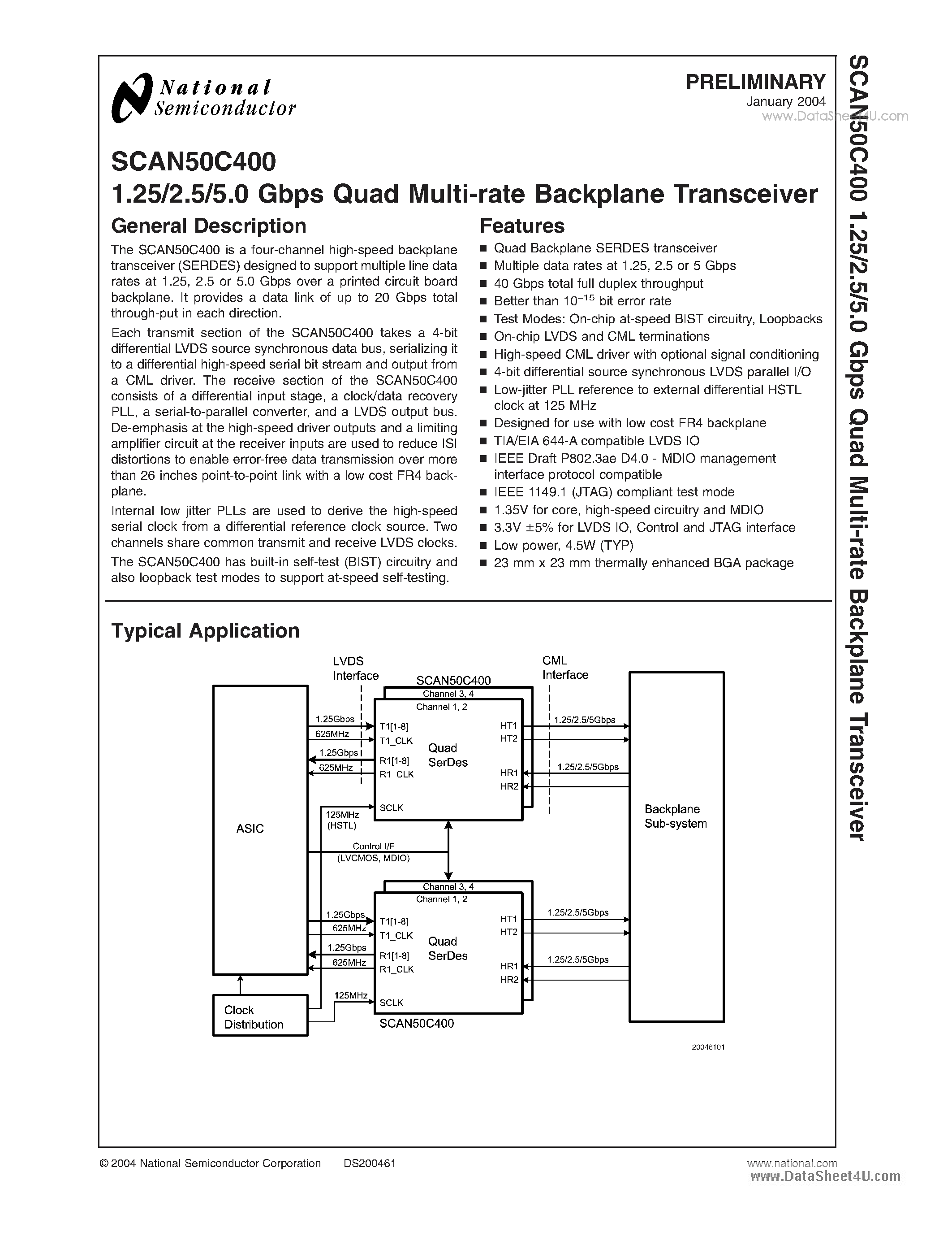 Даташит SCAN50C400 - 1.25/2.5/5.0 GBPS Quad Multi-rate Backplane Transceiver страница 1