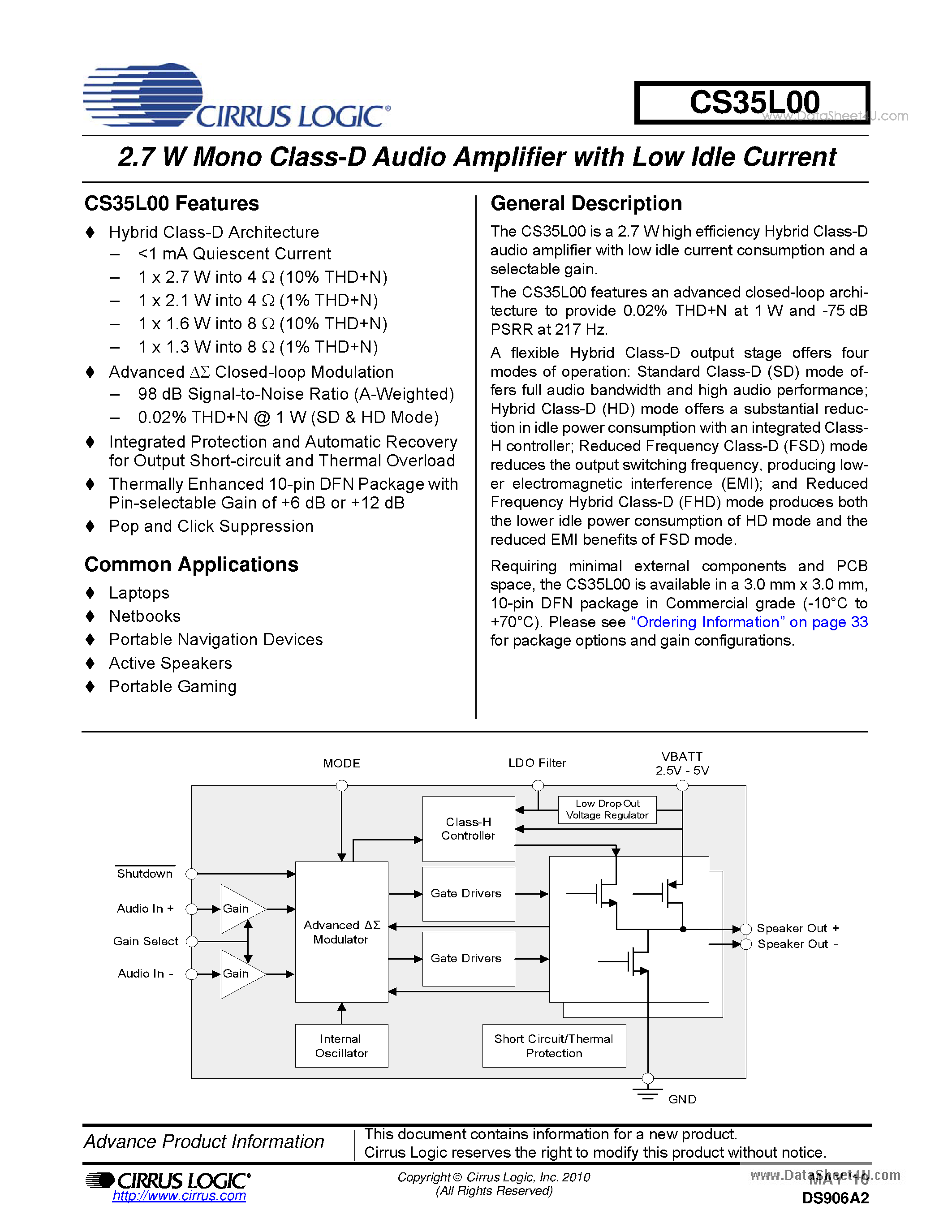 Даташит CS35L00 - 2.7 W Mono Class-D Audio Amplifier страница 1