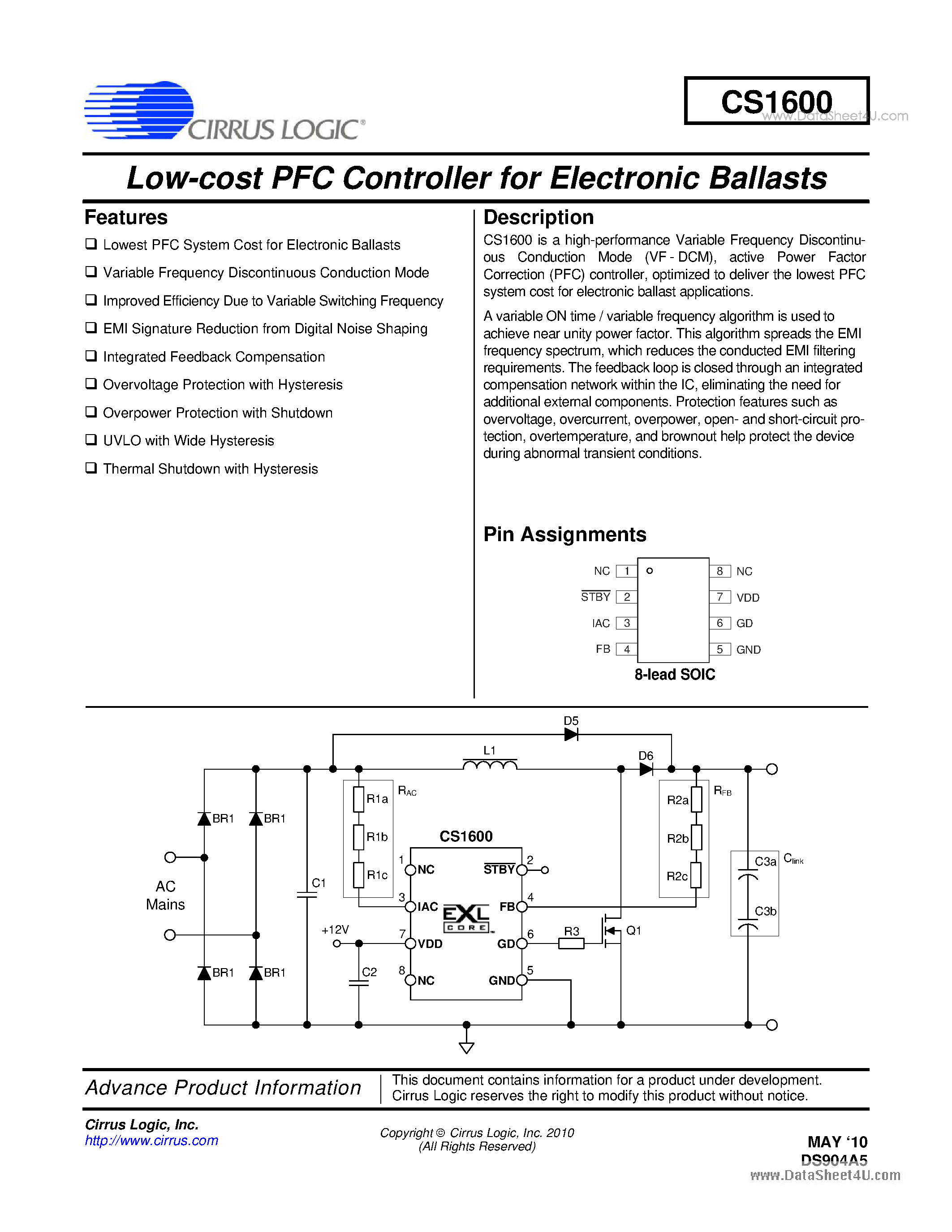 Даташит CS1600 - Low-cost PFC Controller страница 1