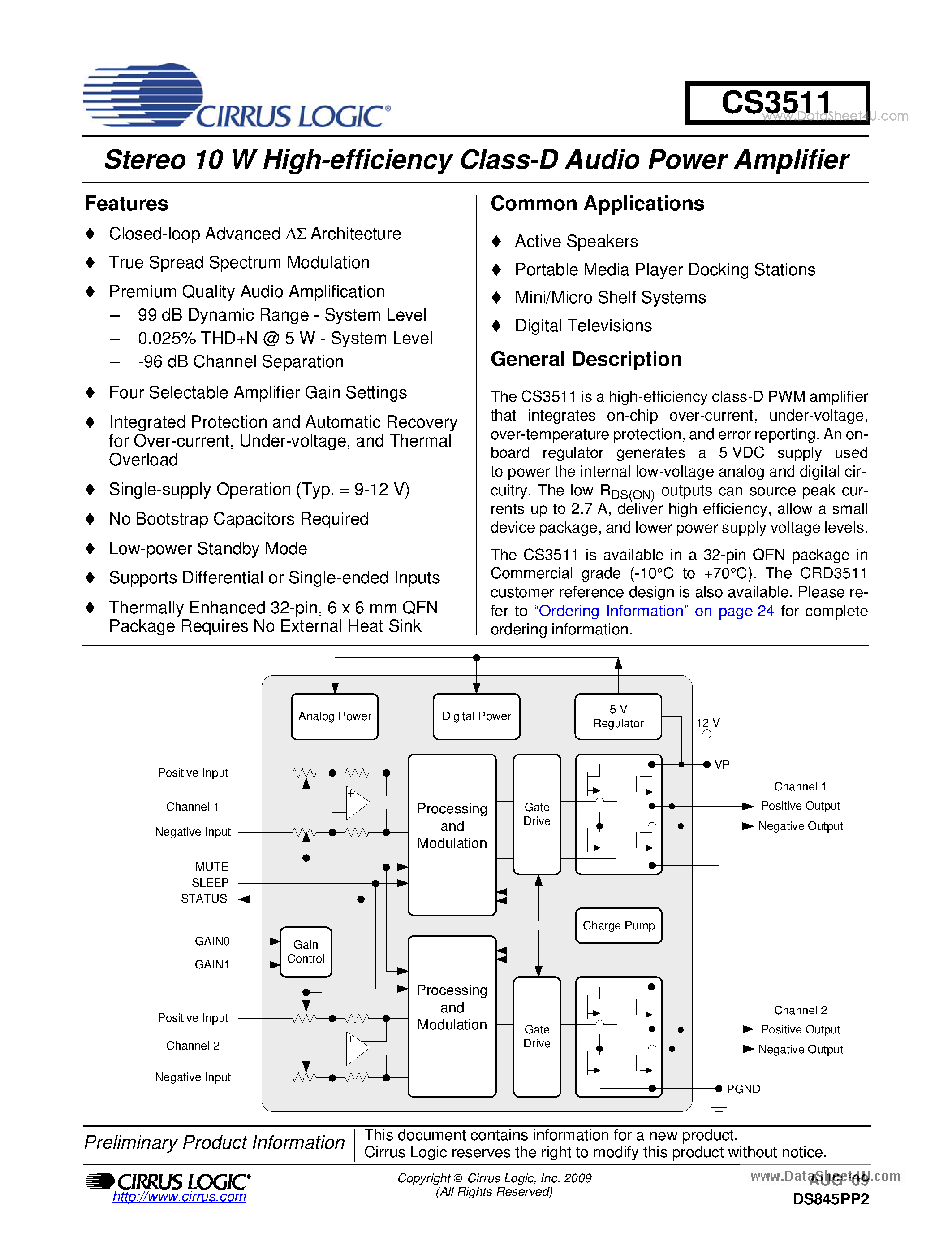 Даташит CRD3511 - Stereo 10 W High-efficiency Class-D Audio Power Amplifier страница 1