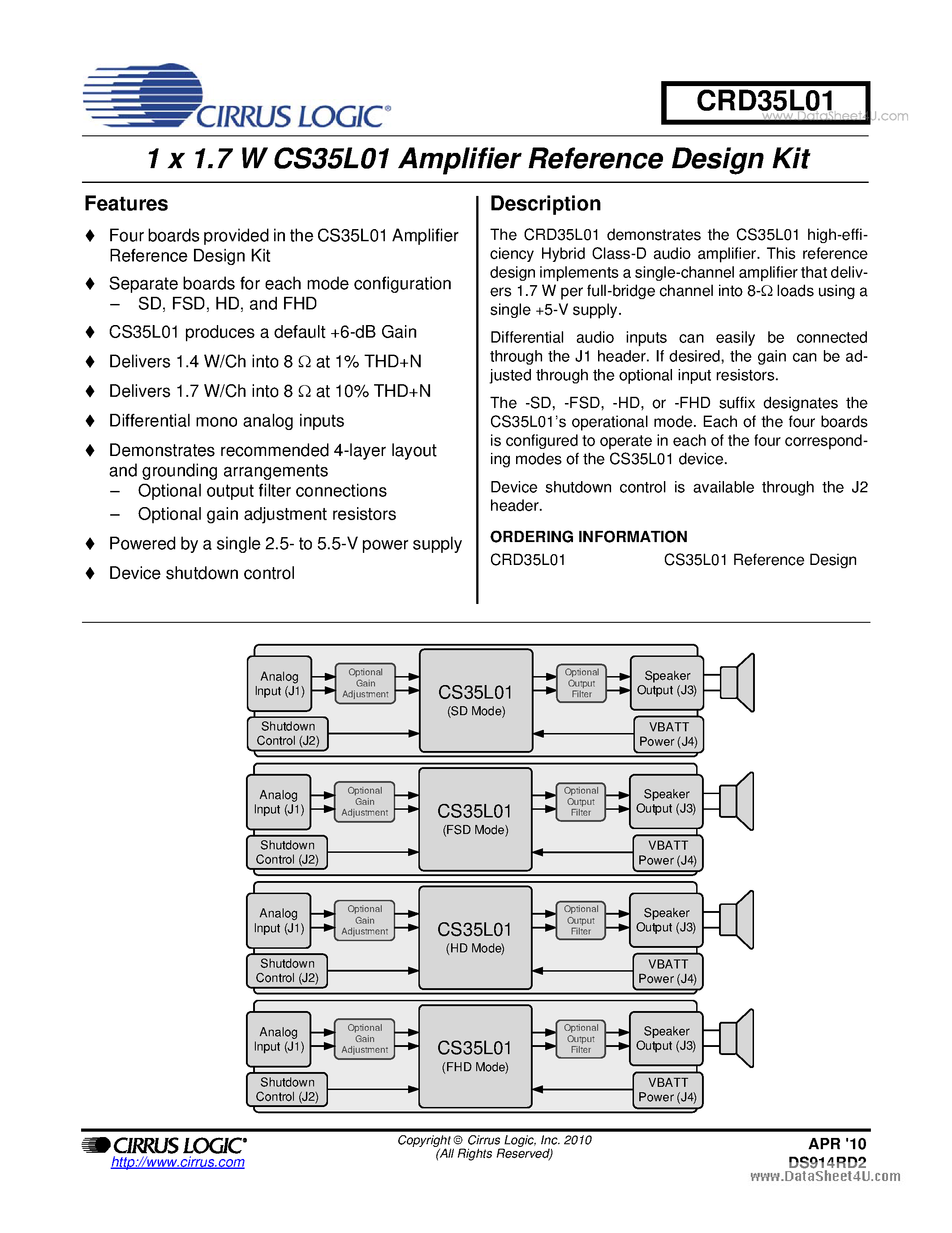 Даташит CRD35L01 - 1 x 1.7 W CS35L01 Amplifier Reference Design Kit страница 1