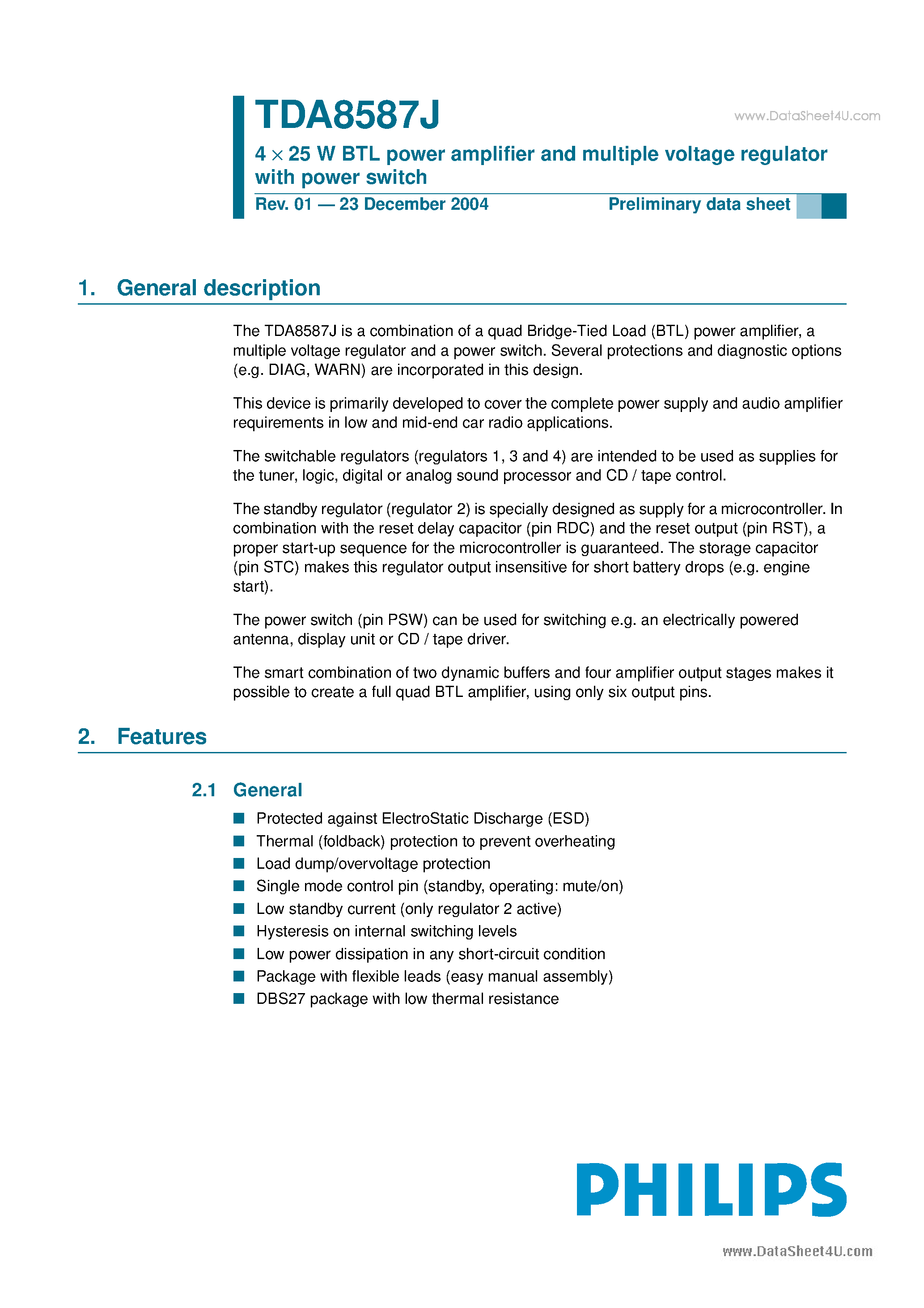 Даташит TDA8587J - 4 x 25 W BTL power amplifier страница 1