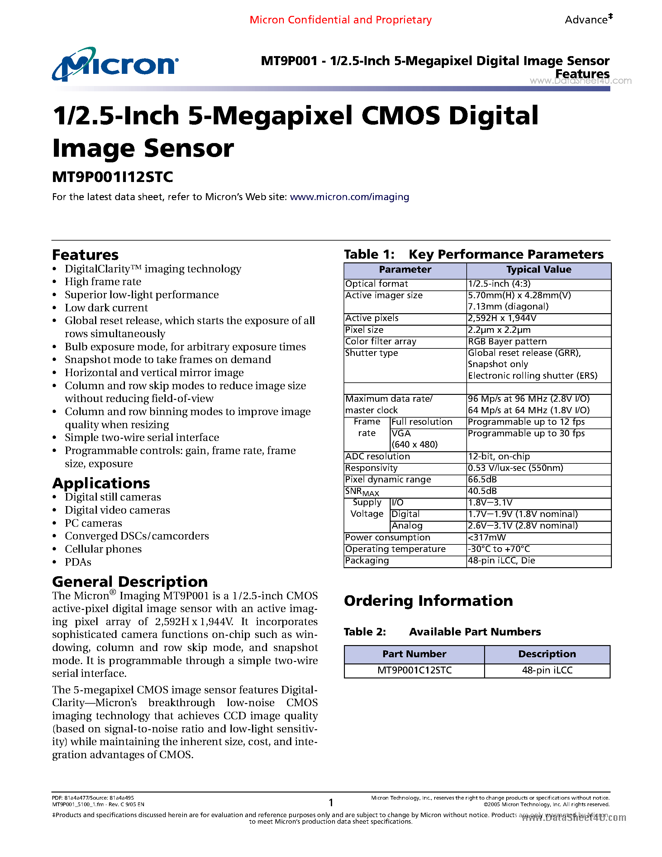 Даташит MT9P001 - 1/2.5-Inch 5-Megapixel Digital Image Sensor страница 1