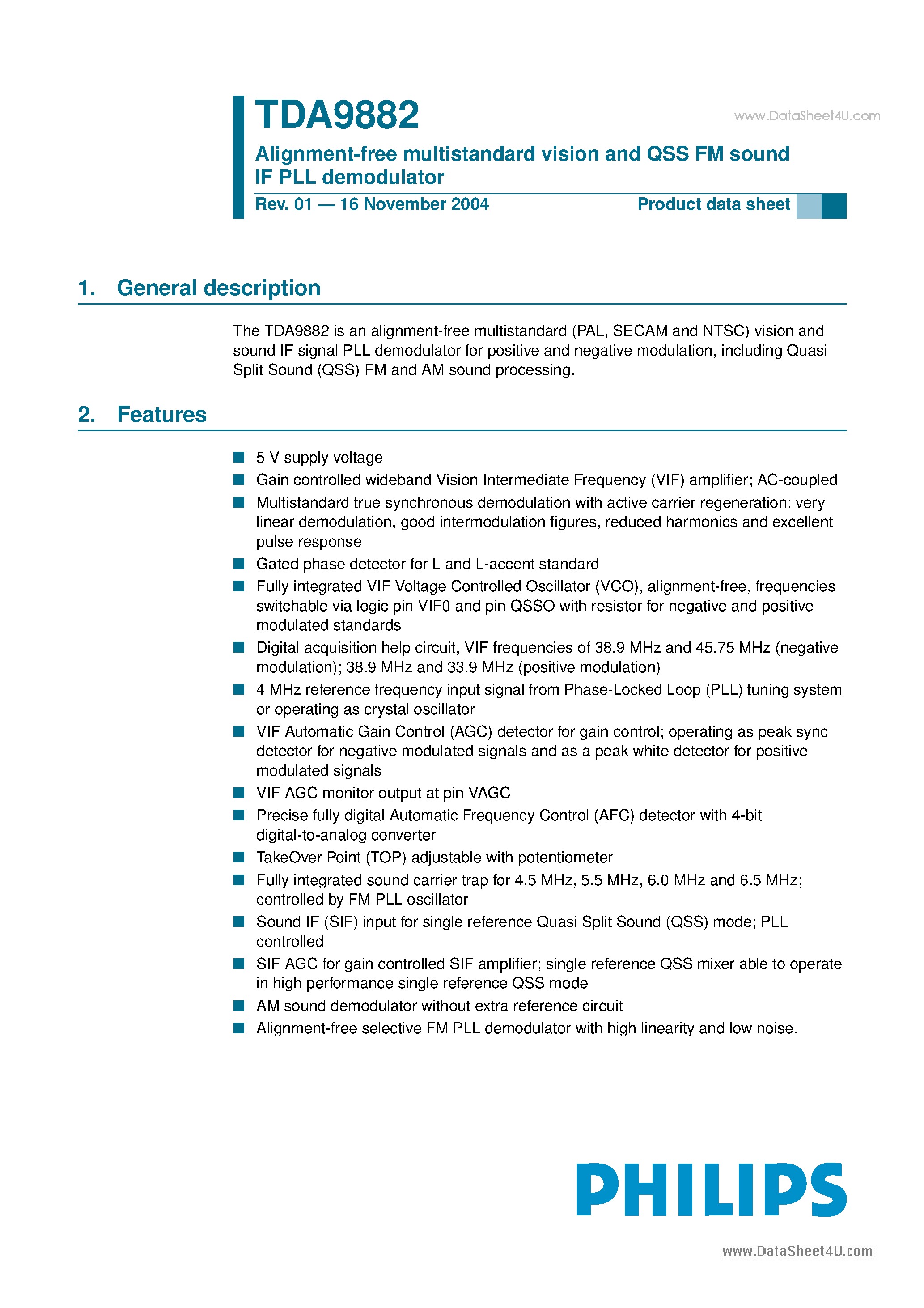 Даташит TDA9882 - Alignment-free multistandard vision and QSS FM sound IF PLL demodulator страница 1