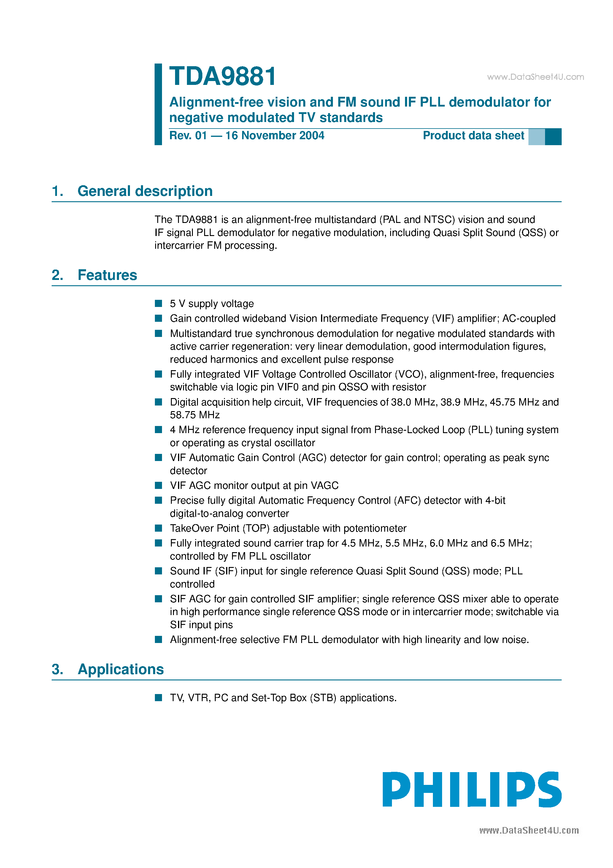 Даташит TDA9881 - Alignment-free vision and FM sound IF PLL demodulator страница 1