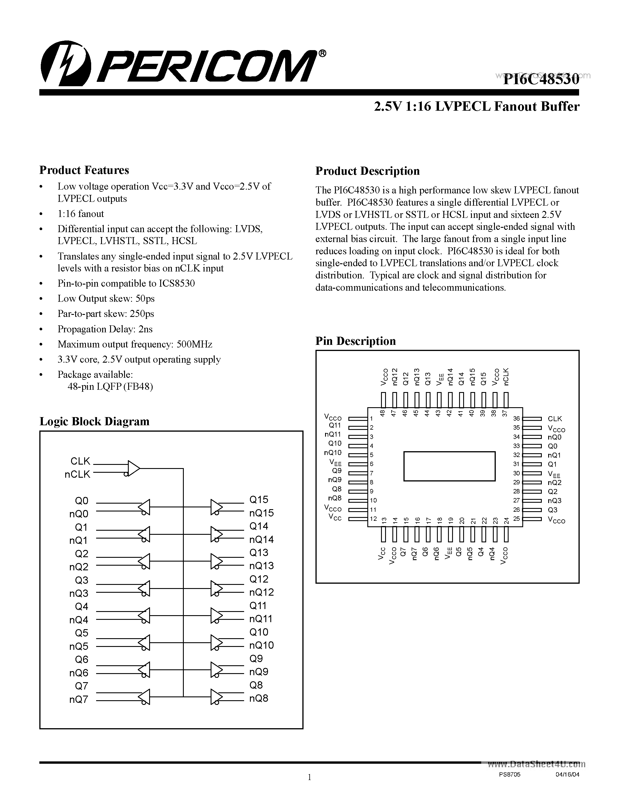 Даташит PI6C48530 - 2.5V 1:16 LVPECL Fanout Buffer страница 1