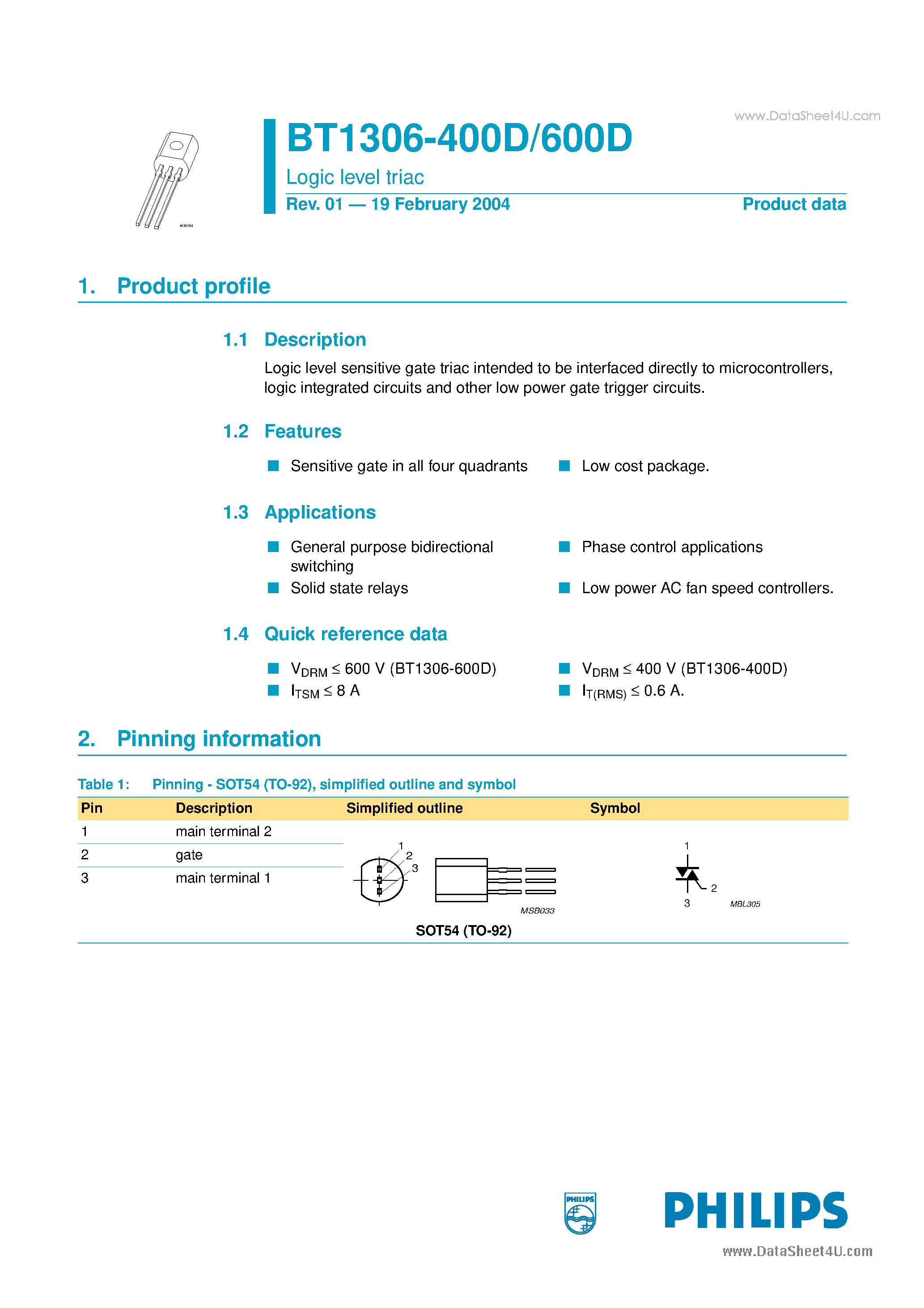 Даташит BT1306-400D - Logic level triac страница 1