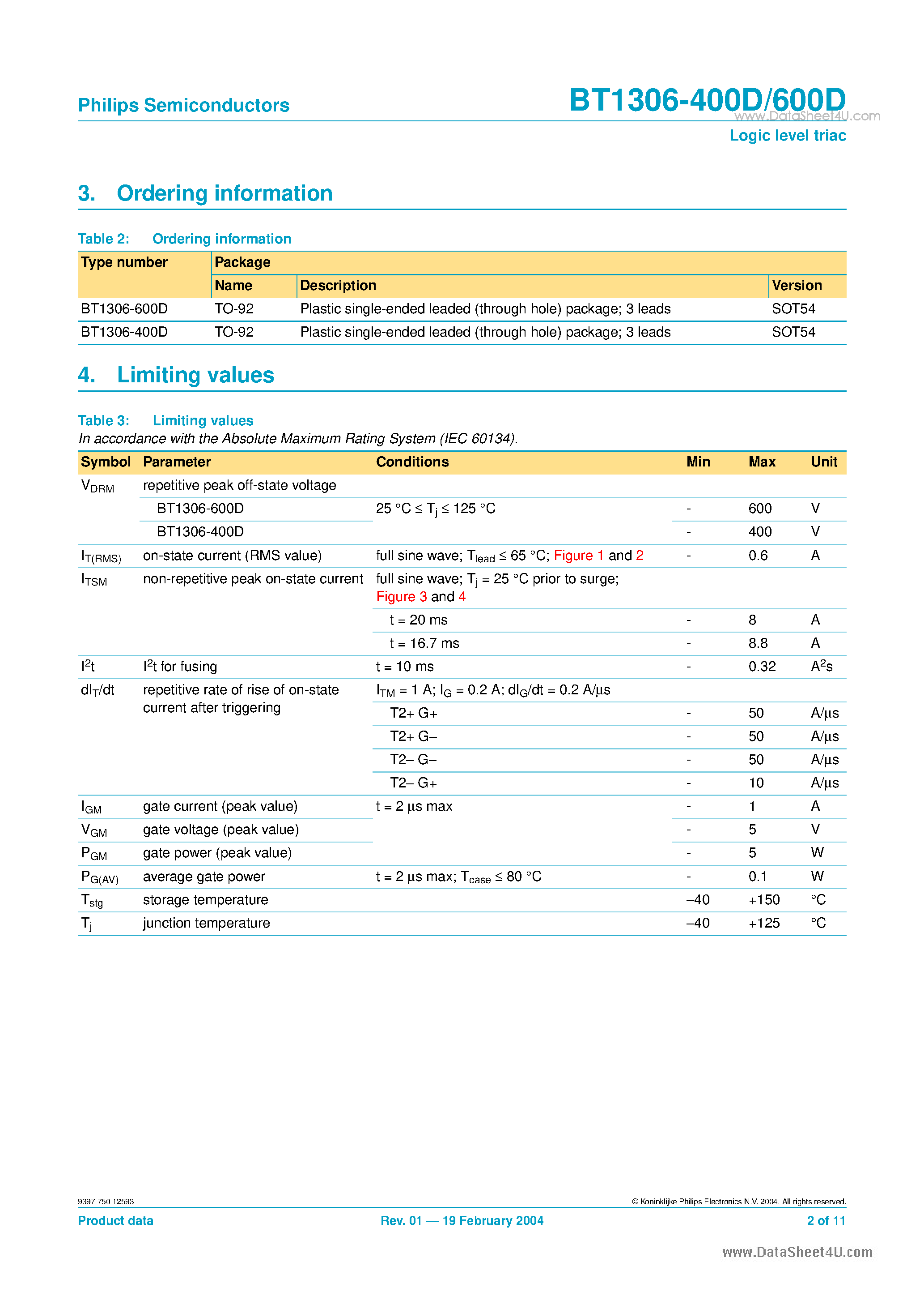 Даташит BT1306-400D - Logic level triac страница 2