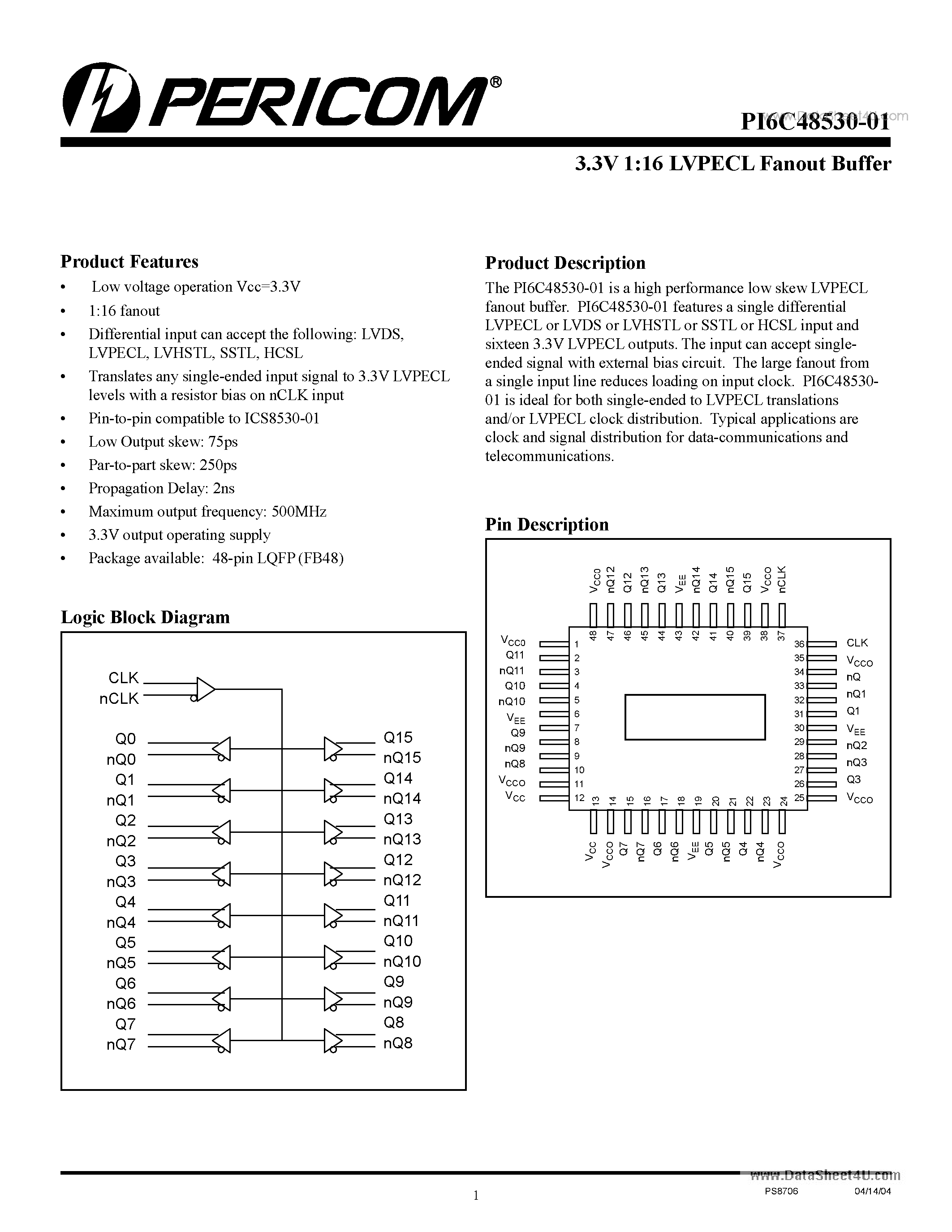 Даташит PI6C48530-01 - 3.3V 1:16 LVPECL Fanout Buffer страница 1